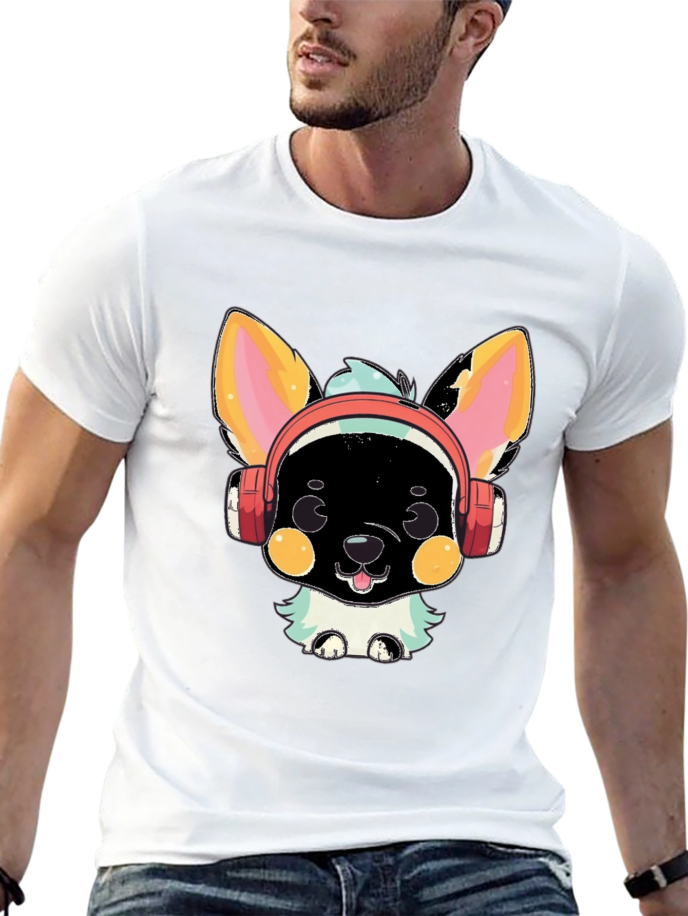 Camiseta Negra con Diseño de Perrito con Auriculares