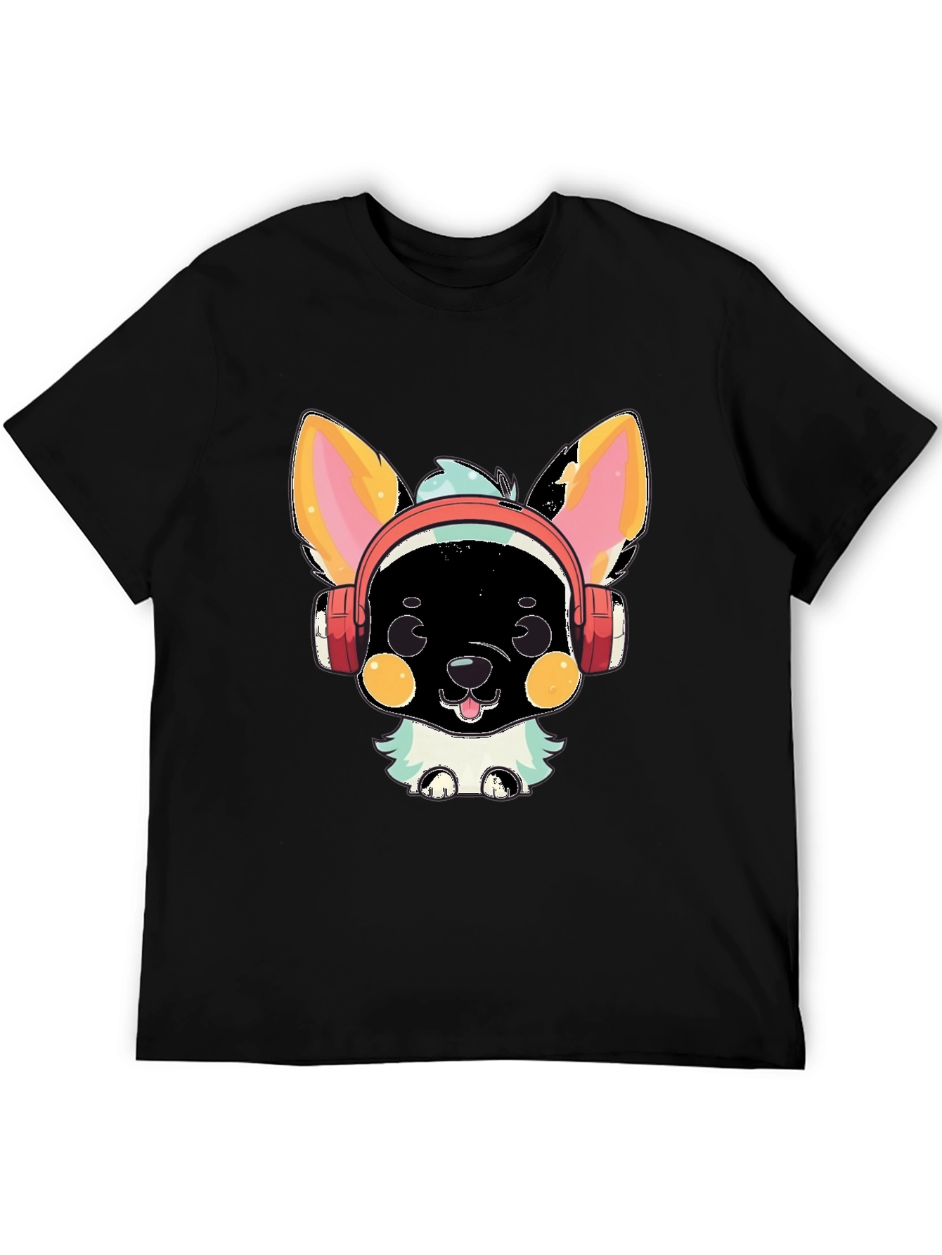 Camiseta Negra con Diseño de Perrito con Auriculares