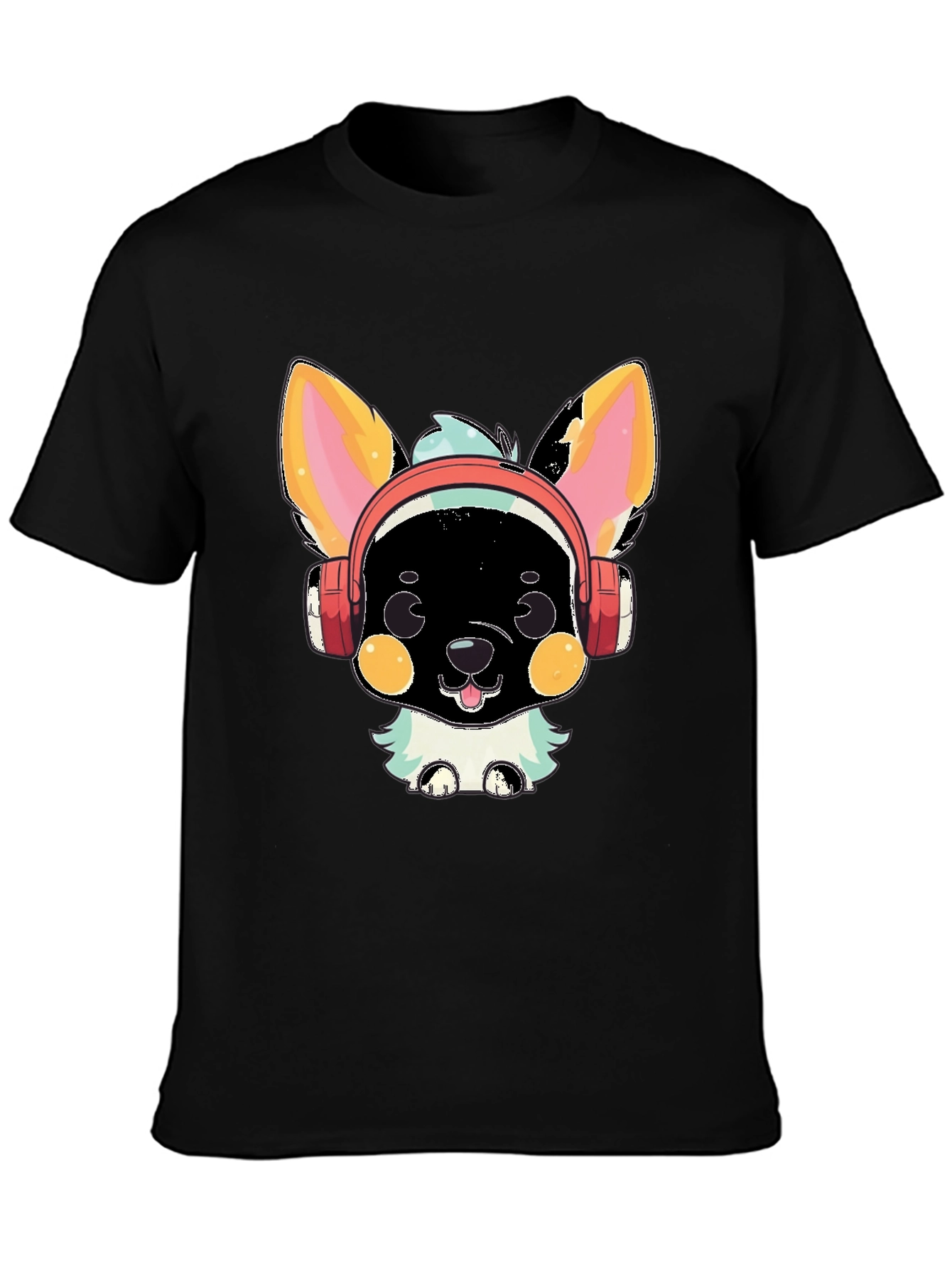 Camiseta Negra con Diseño de Perrito con Auriculares