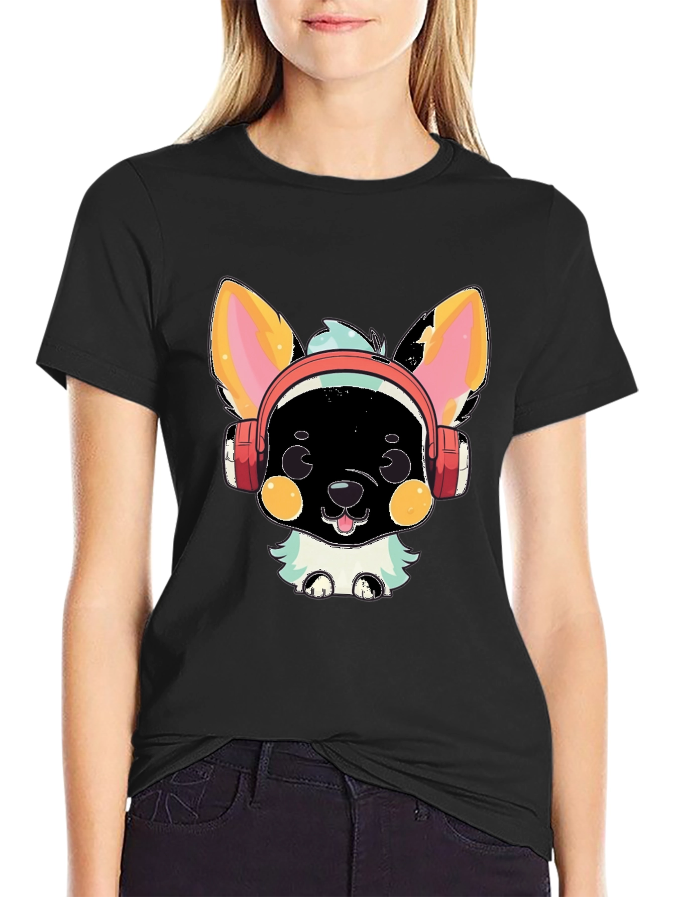 Camiseta Negra con Diseño de Perrito con Auriculares