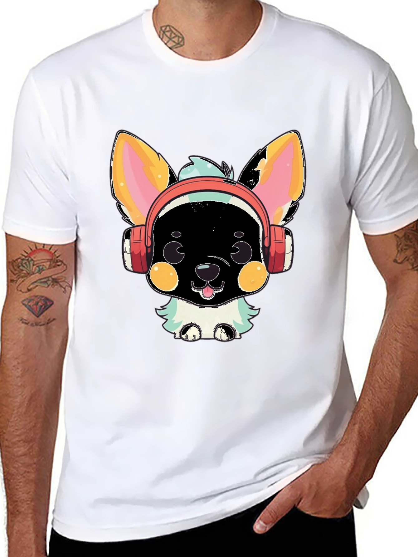 Camiseta Negra con Diseño de Perrito con Auriculares