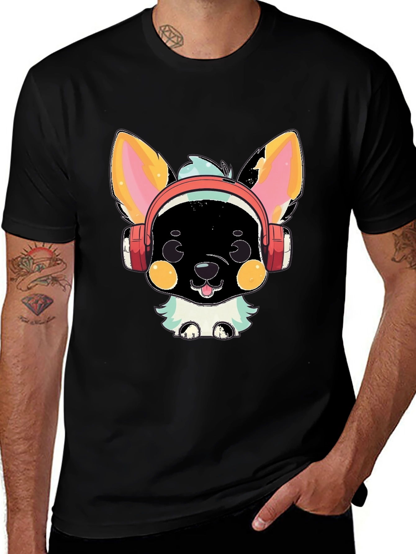 Camiseta Negra con Diseño de Perrito con Auriculares