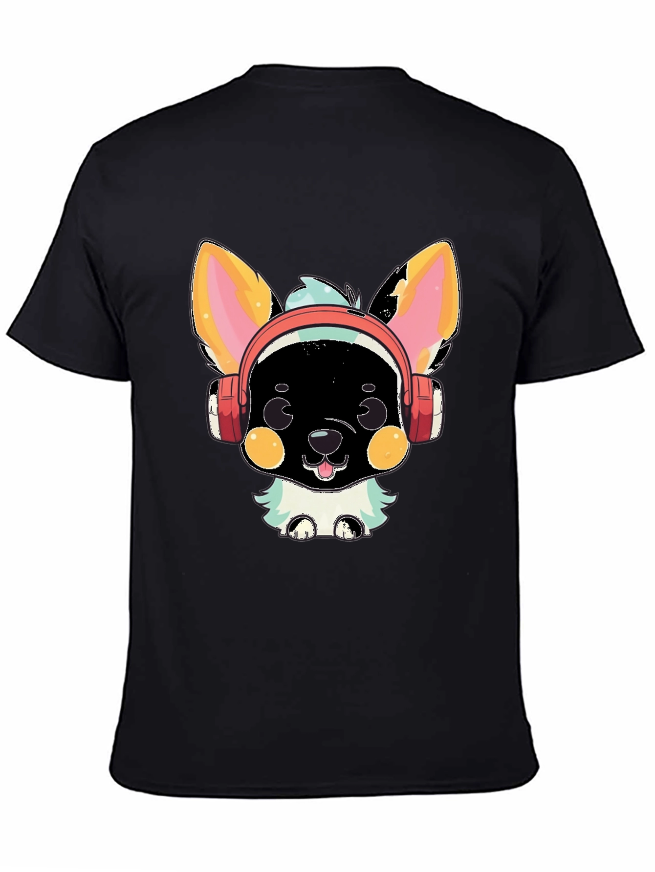Camiseta Negra con Diseño de Perrito con Auriculares