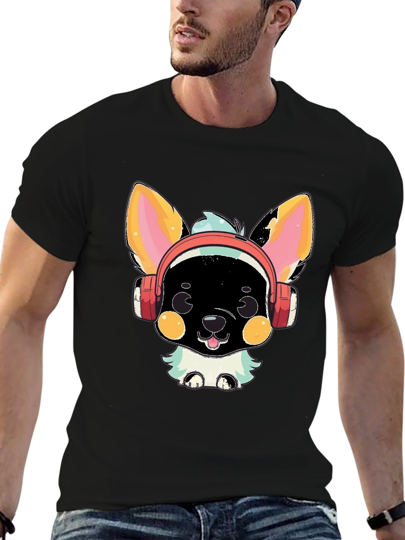 Camiseta Negra con Diseño de Perrito con Auriculares