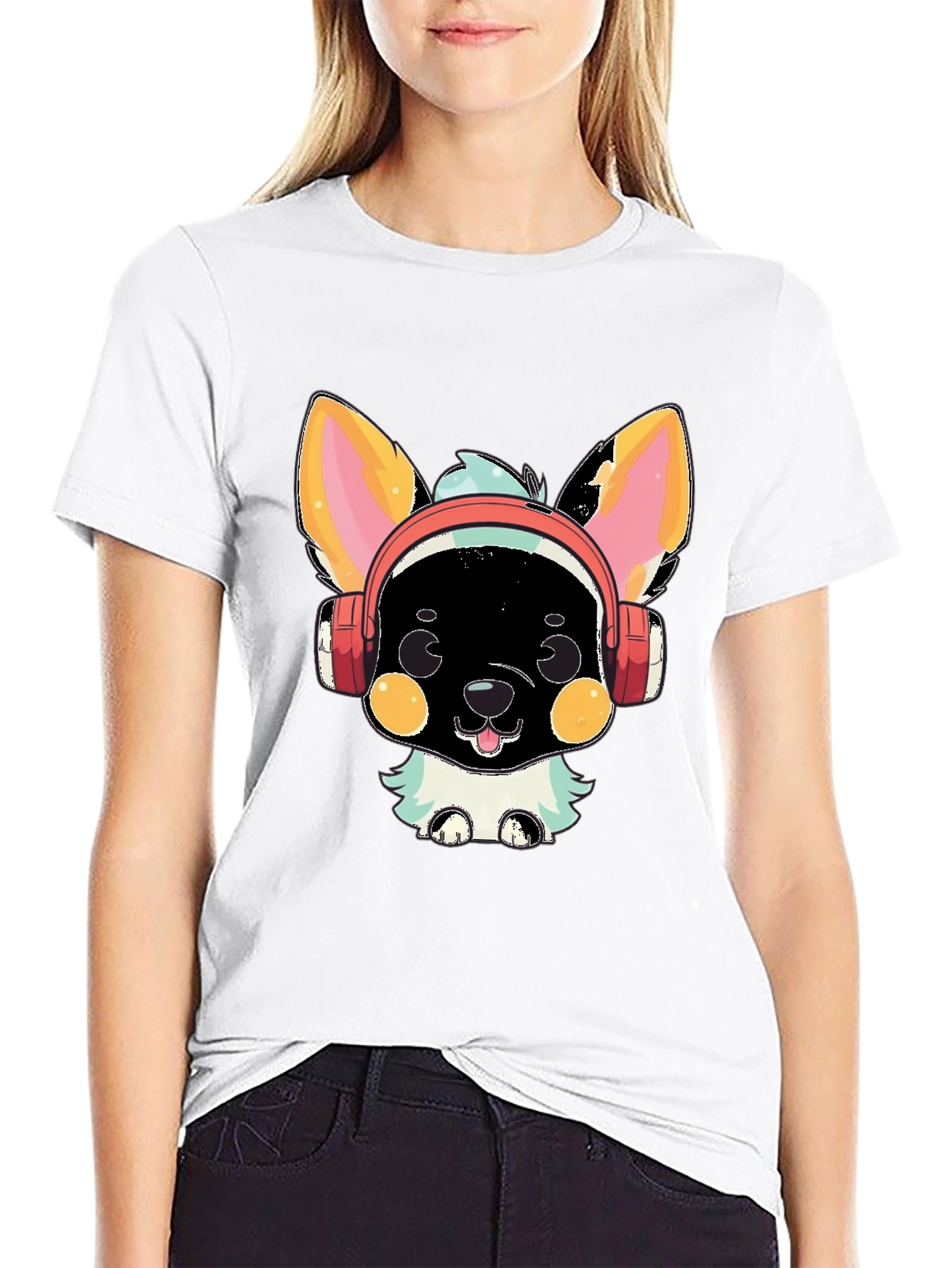 Camiseta Negra con Diseño de Perrito con Auriculares