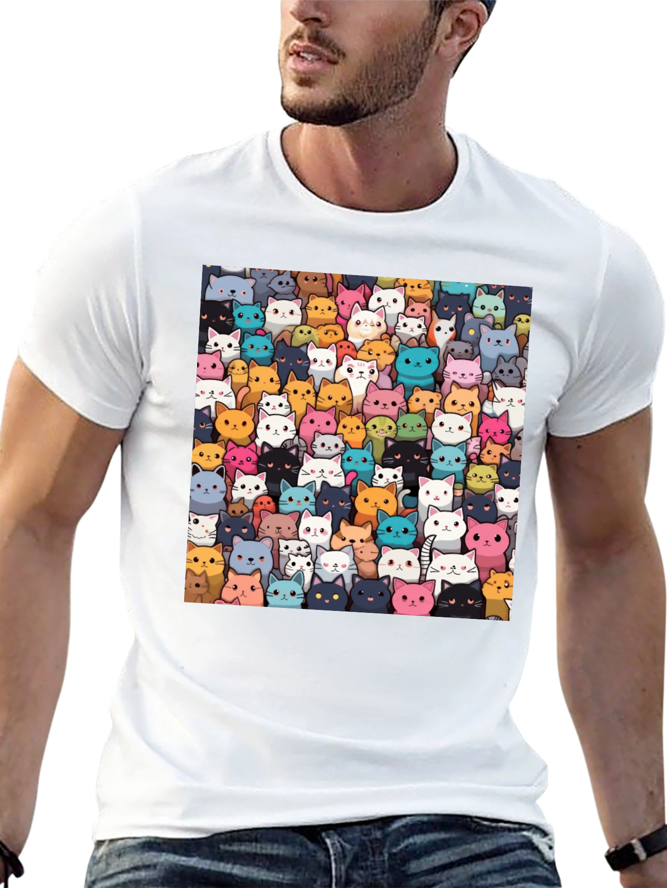 Camiseta Negra con Diseño de Gatos Animados