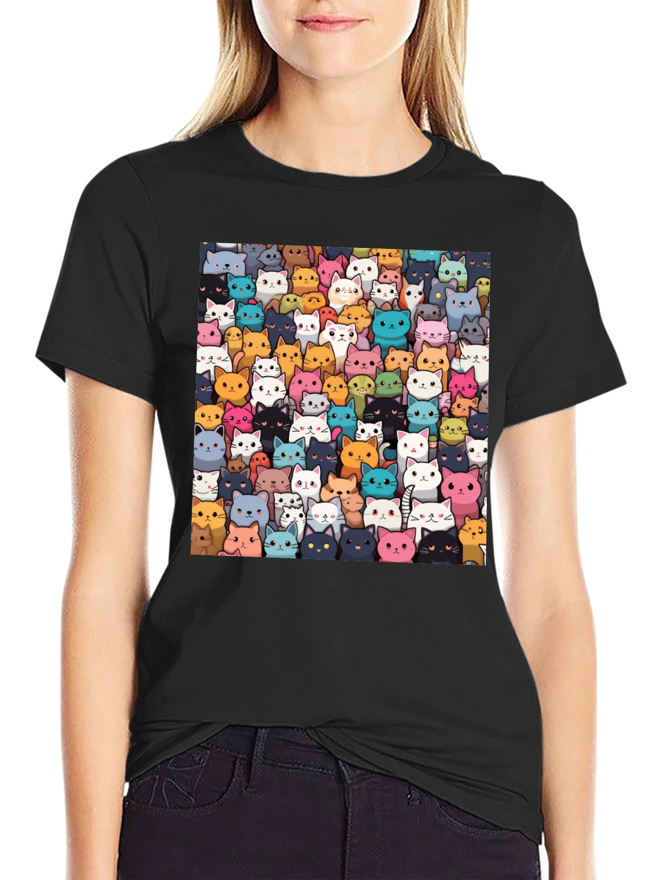 Camiseta Negra con Diseño de Gatos Animados