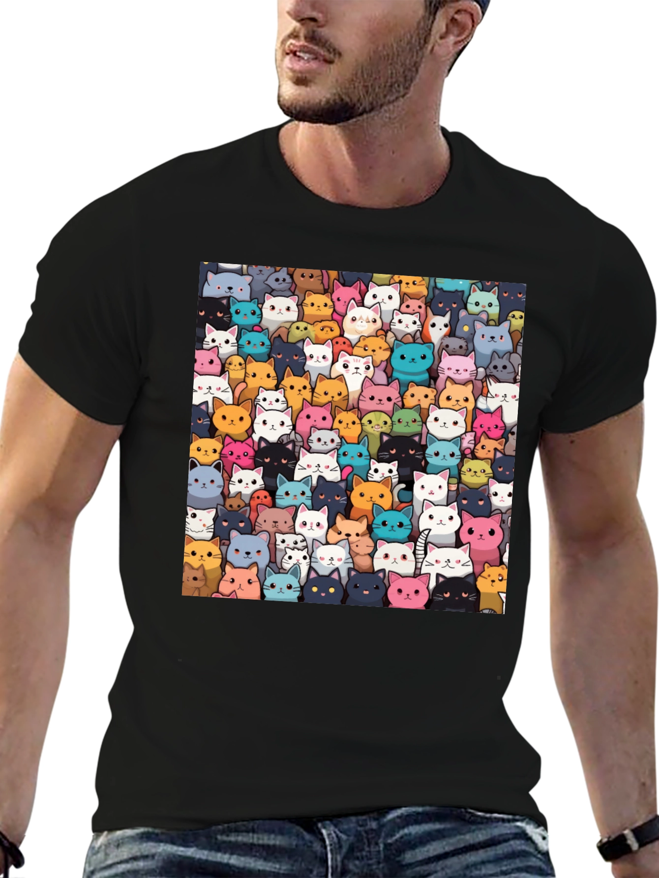 Camiseta Negra con Diseño de Gatos Animados