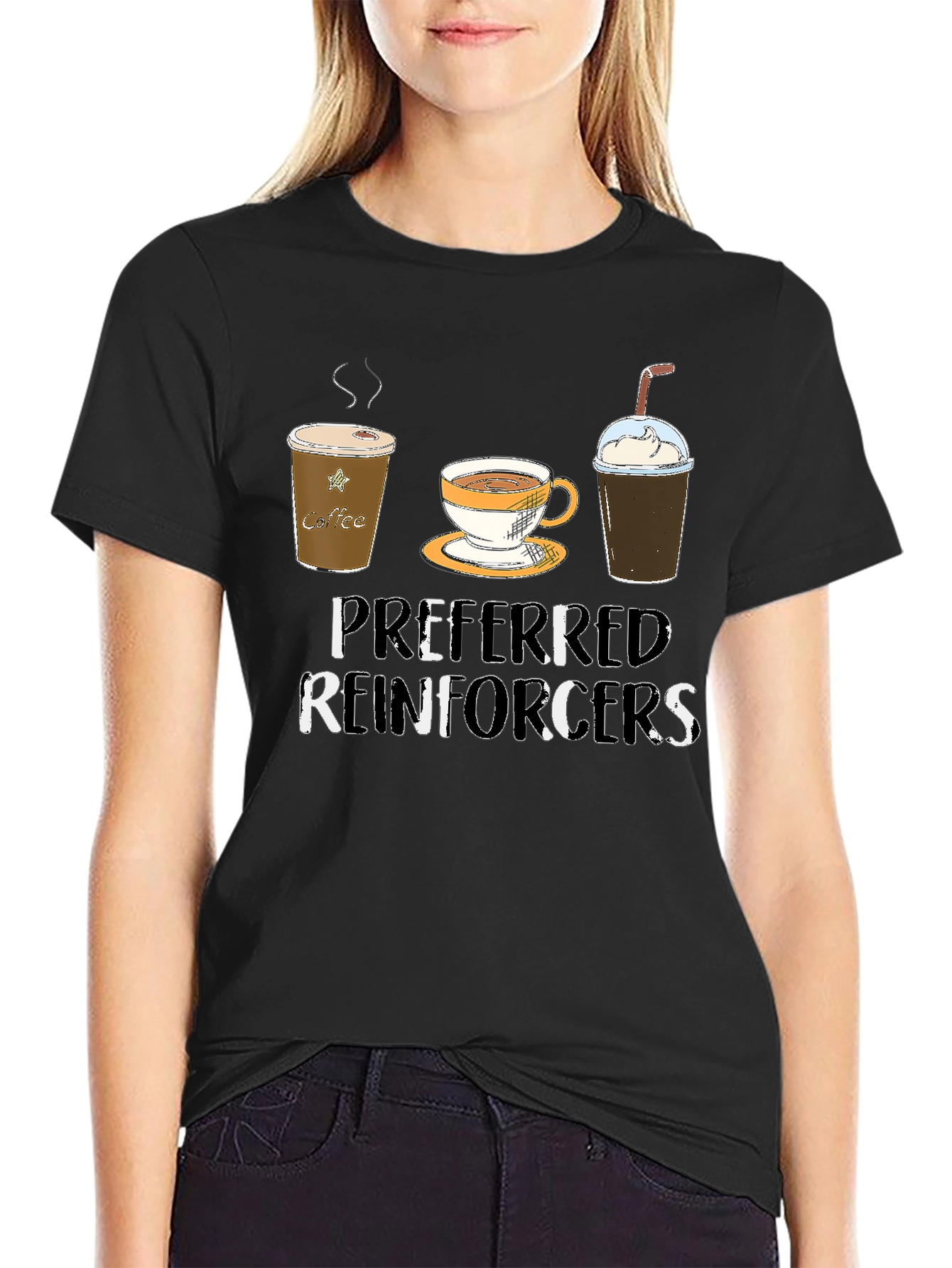 Camiseta Negra con Diseño de Café Preferred Reinforcers