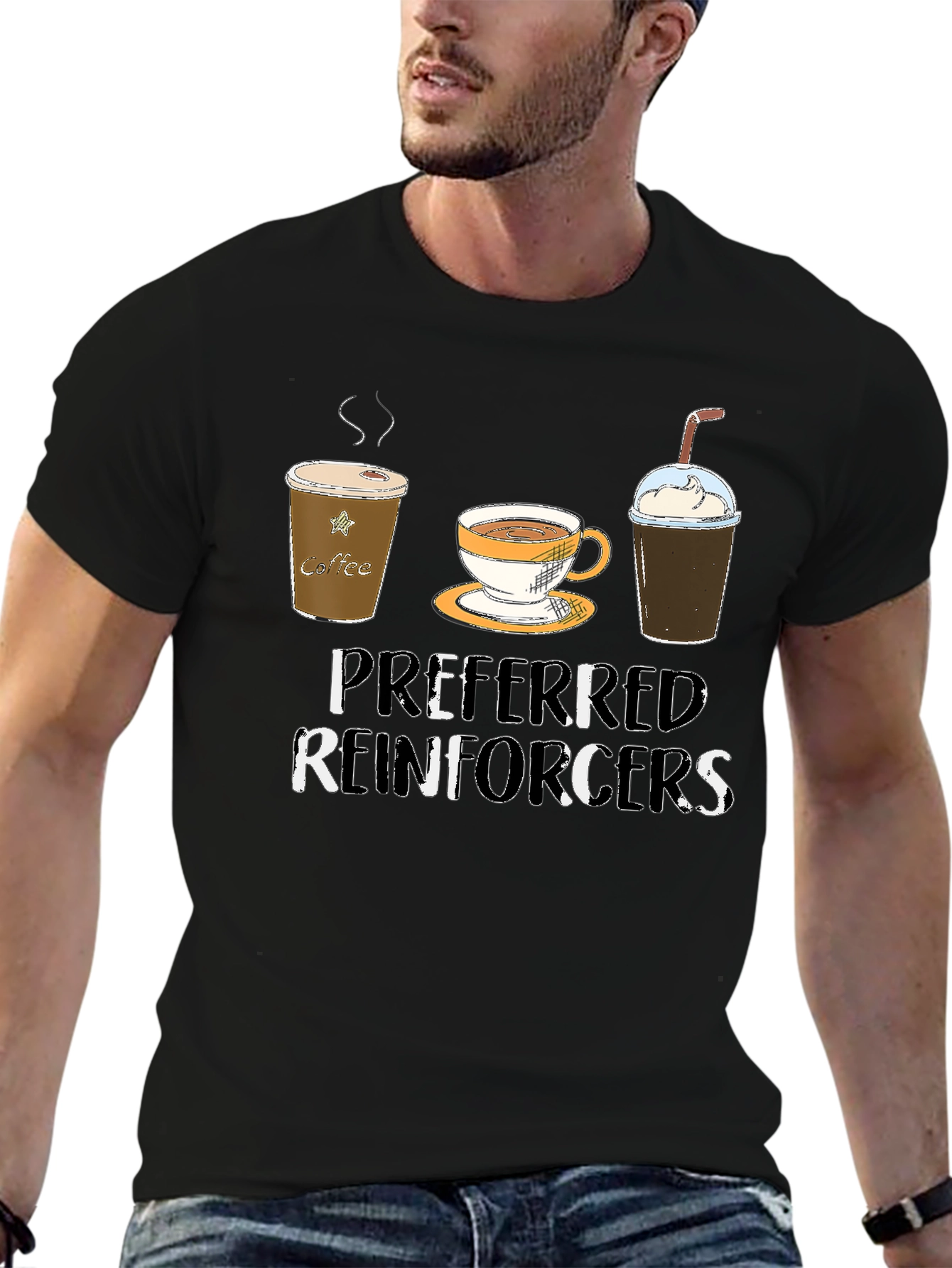 Camiseta Negra con Diseño de Café Preferred Reinforcers