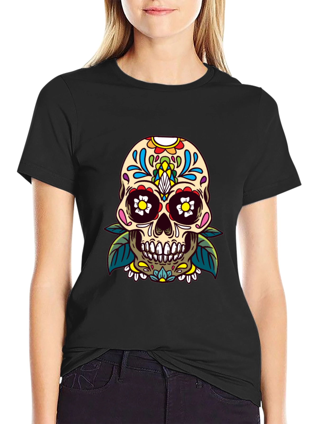 Camiseta Negra con Calavera de Azúcar Floral