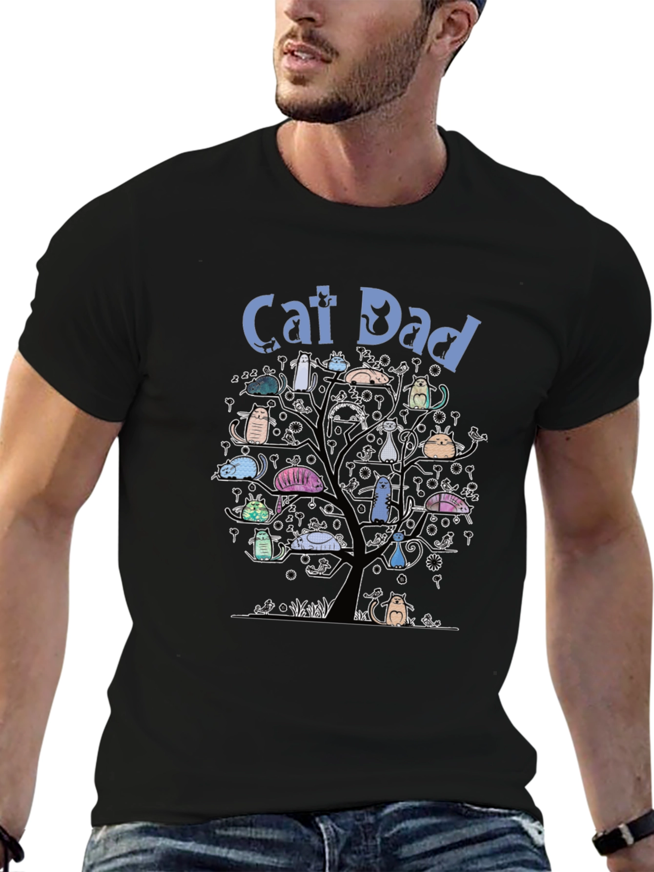 Camiseta Hombre Negra Cat Dad Árbol de Gatos