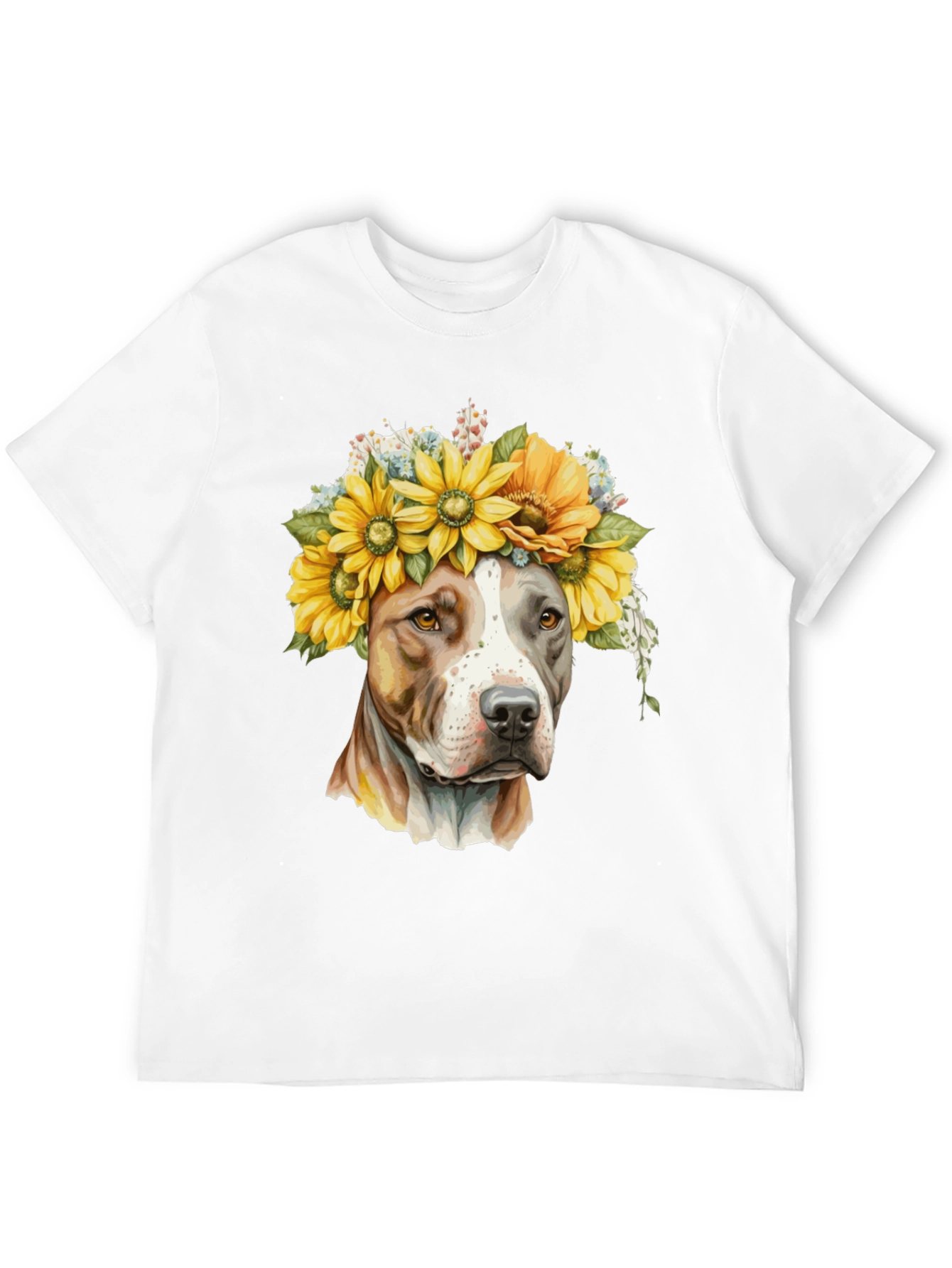 Camiseta Negra con Diseño de Pitbull y Girasoles