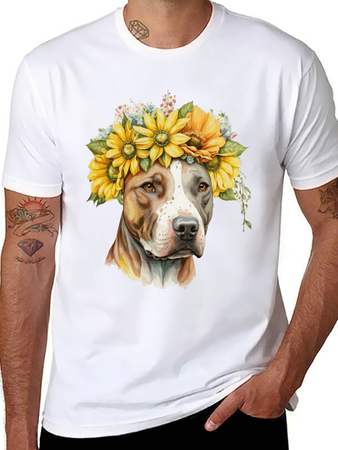 Camiseta Negra con Diseño de Pitbull y Girasoles