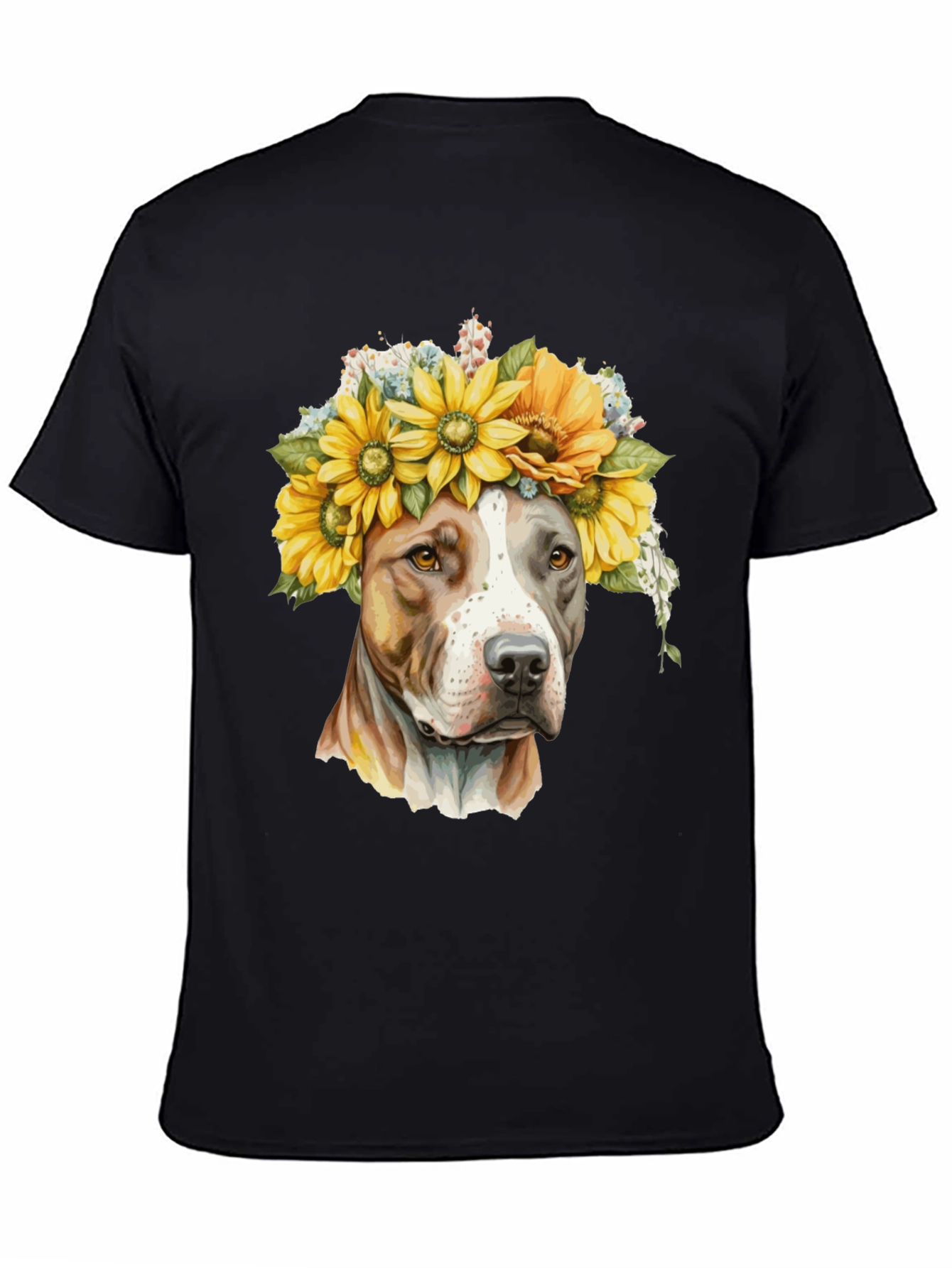 Camiseta Negra con Diseño de Pitbull y Girasoles