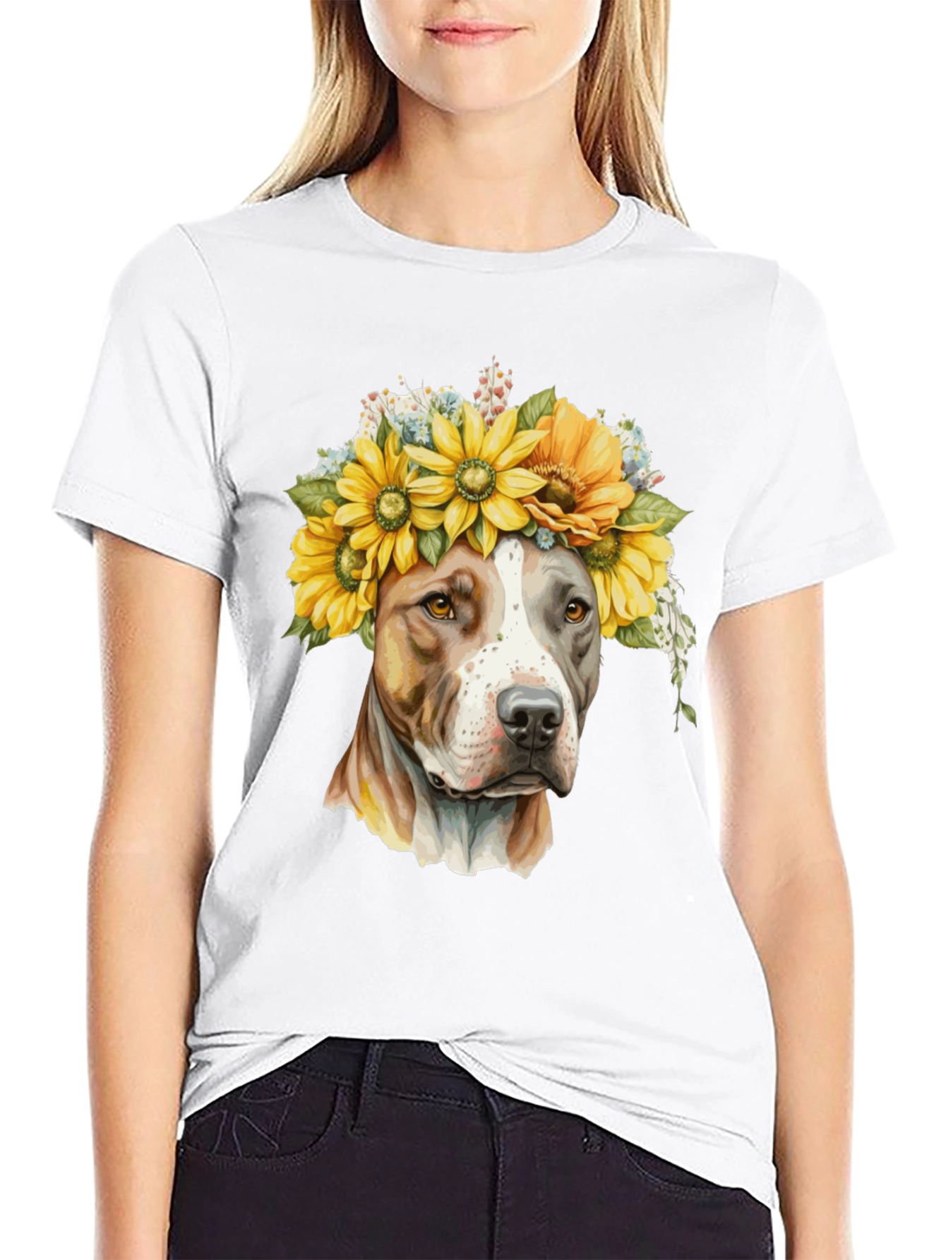 Camiseta Negra con Diseño de Pitbull y Girasoles
