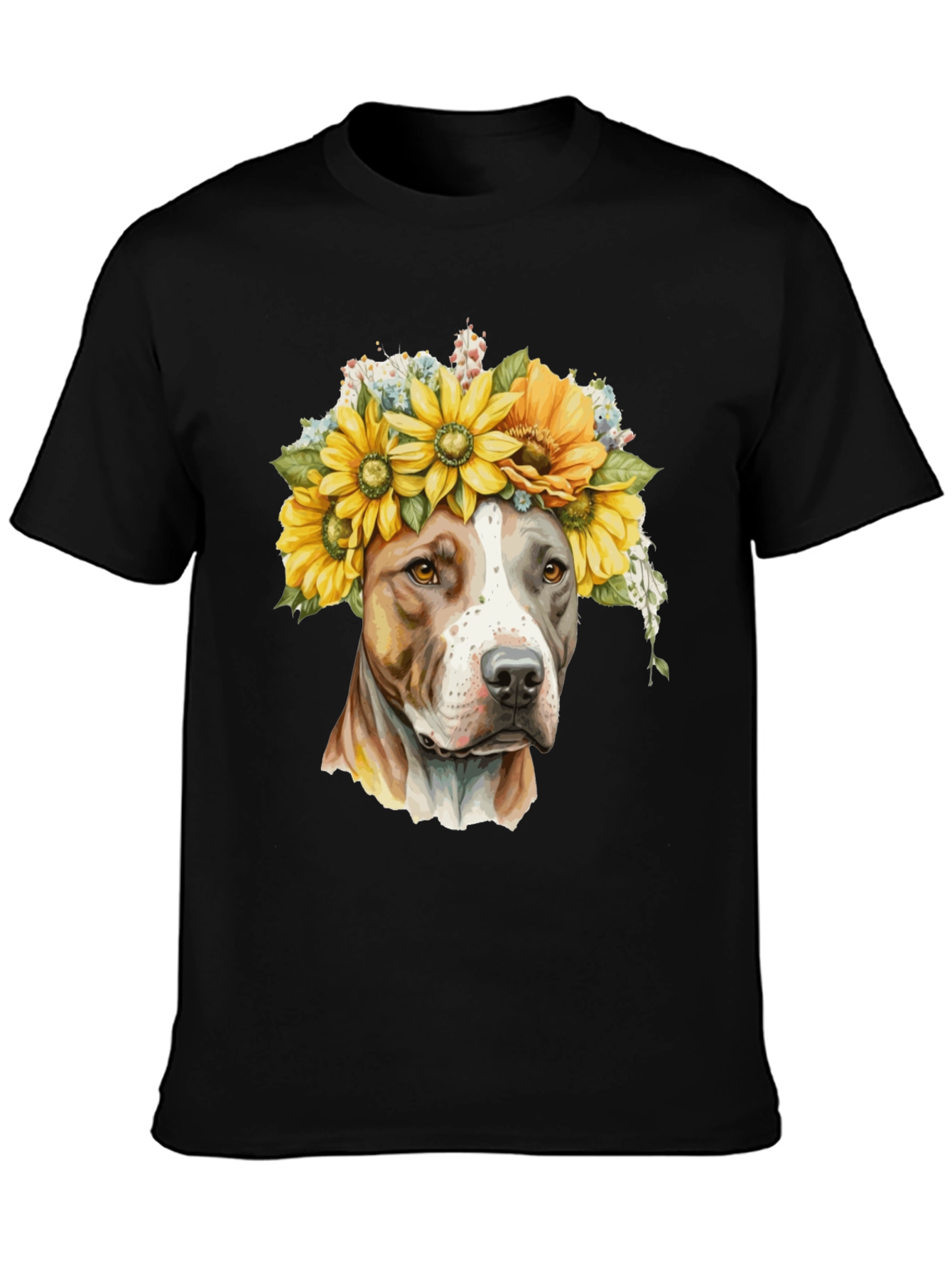 Camiseta Negra con Diseño de Pitbull y Girasoles