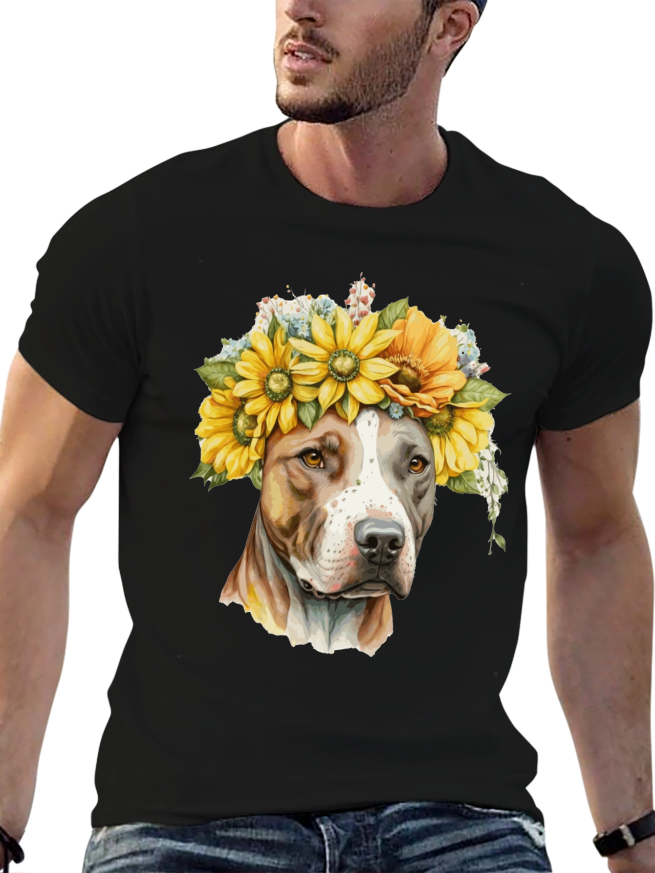 Camiseta Negra con Diseño de Pitbull y Girasoles