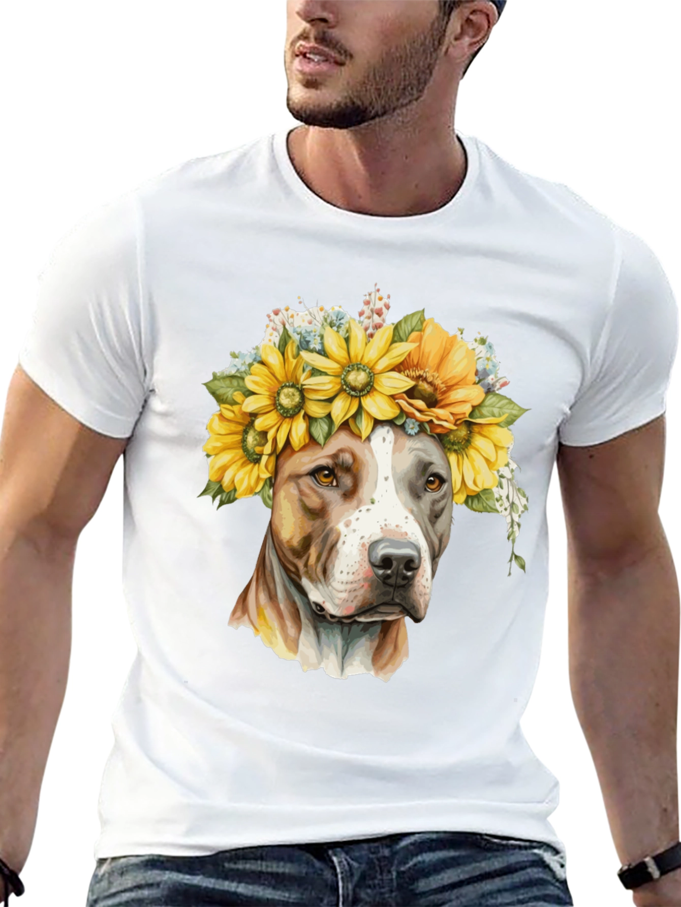 Camiseta Negra con Diseño de Pitbull y Girasoles