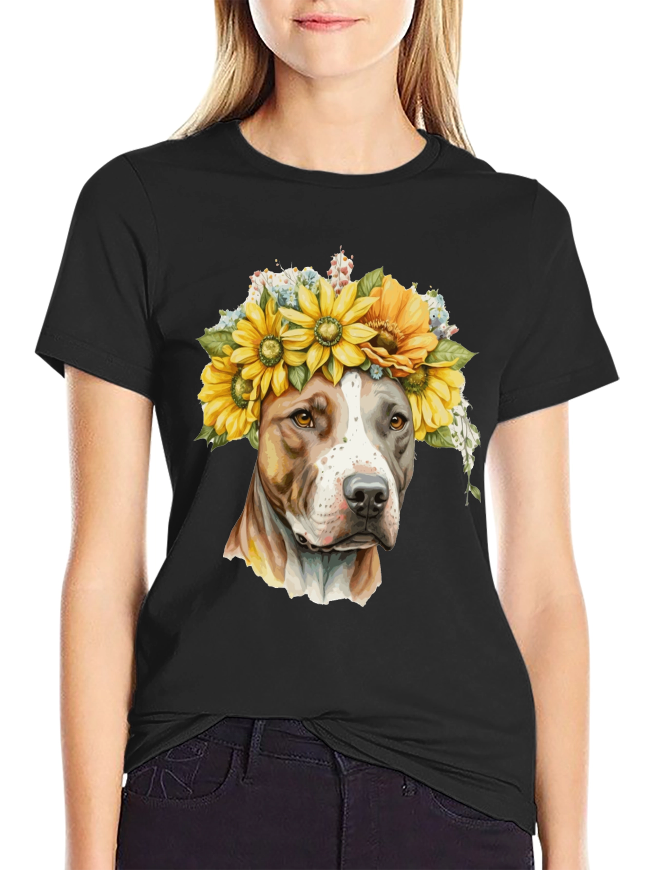 Camiseta Negra con Diseño de Pitbull y Girasoles