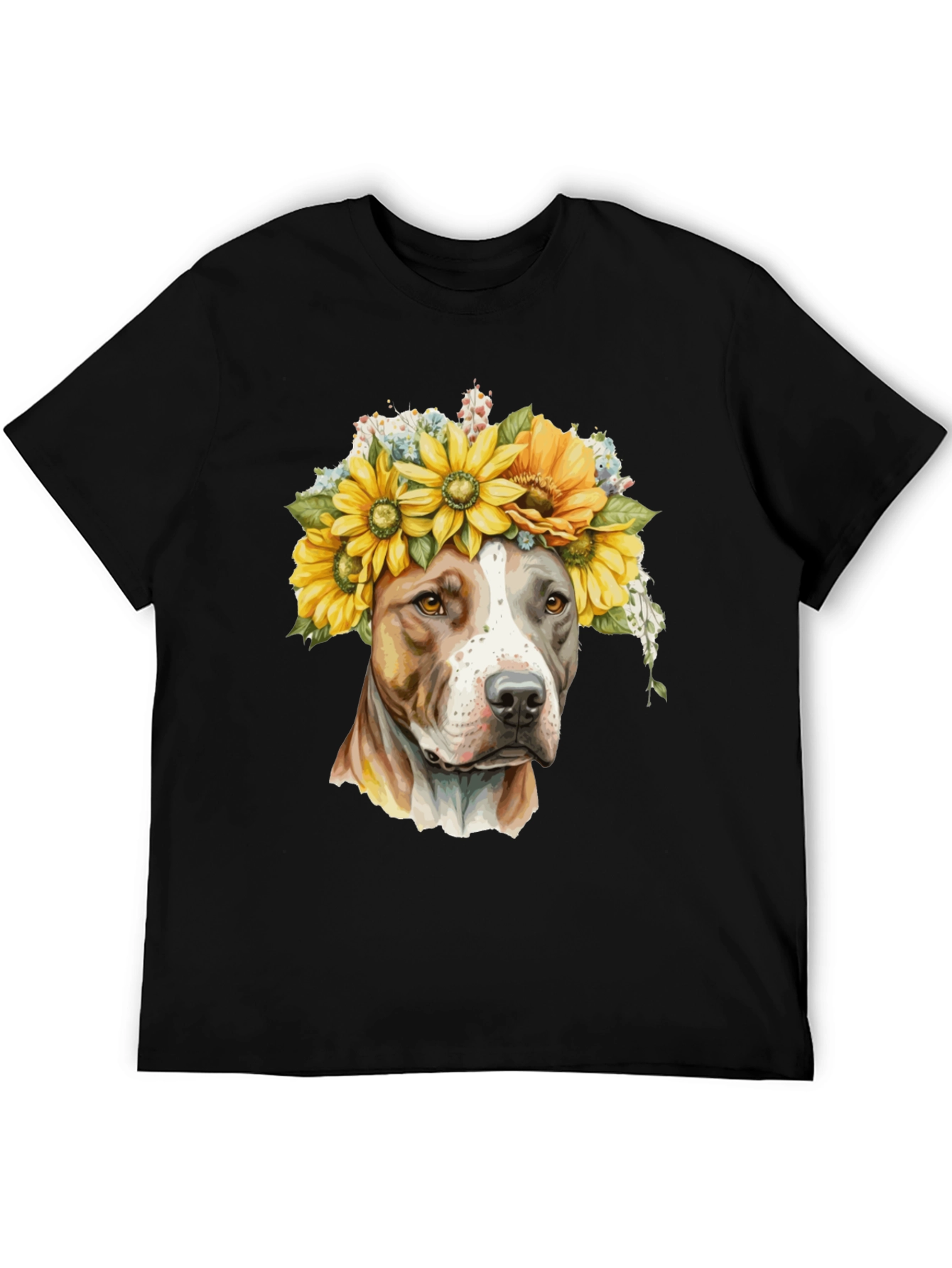 Camiseta Negra con Diseño de Pitbull y Girasoles