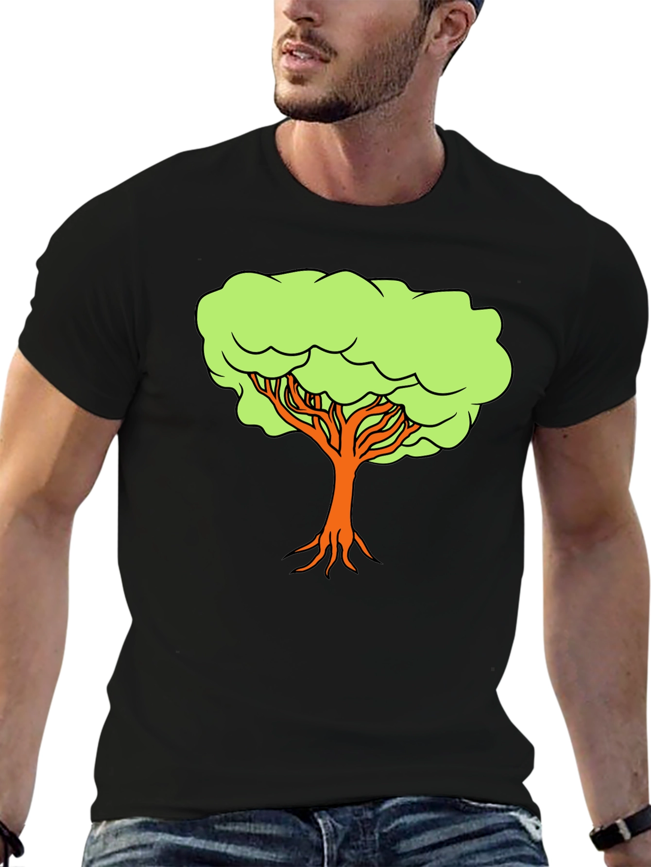 Camiseta Negra con Diseño de Árbol Animado