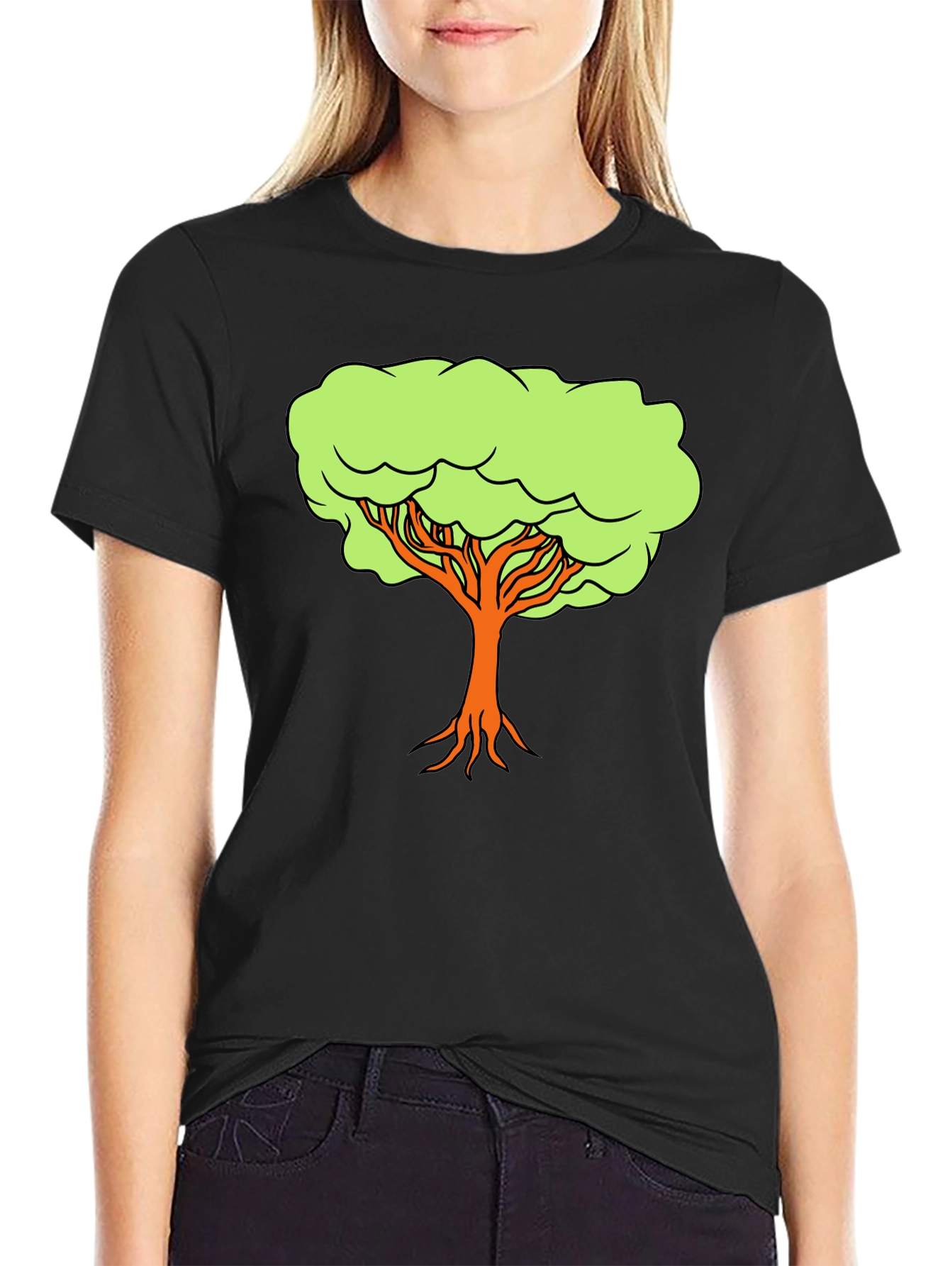 Camiseta Negra con Diseño de Árbol Animado