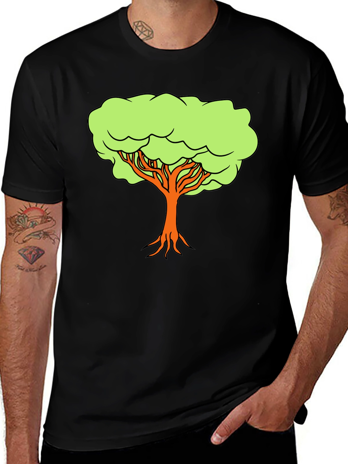 Camiseta Negra con Diseño de Árbol Animado