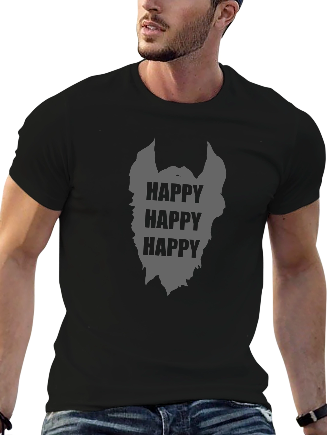 Camiseta Negra Hombre Barba Feliz Casual