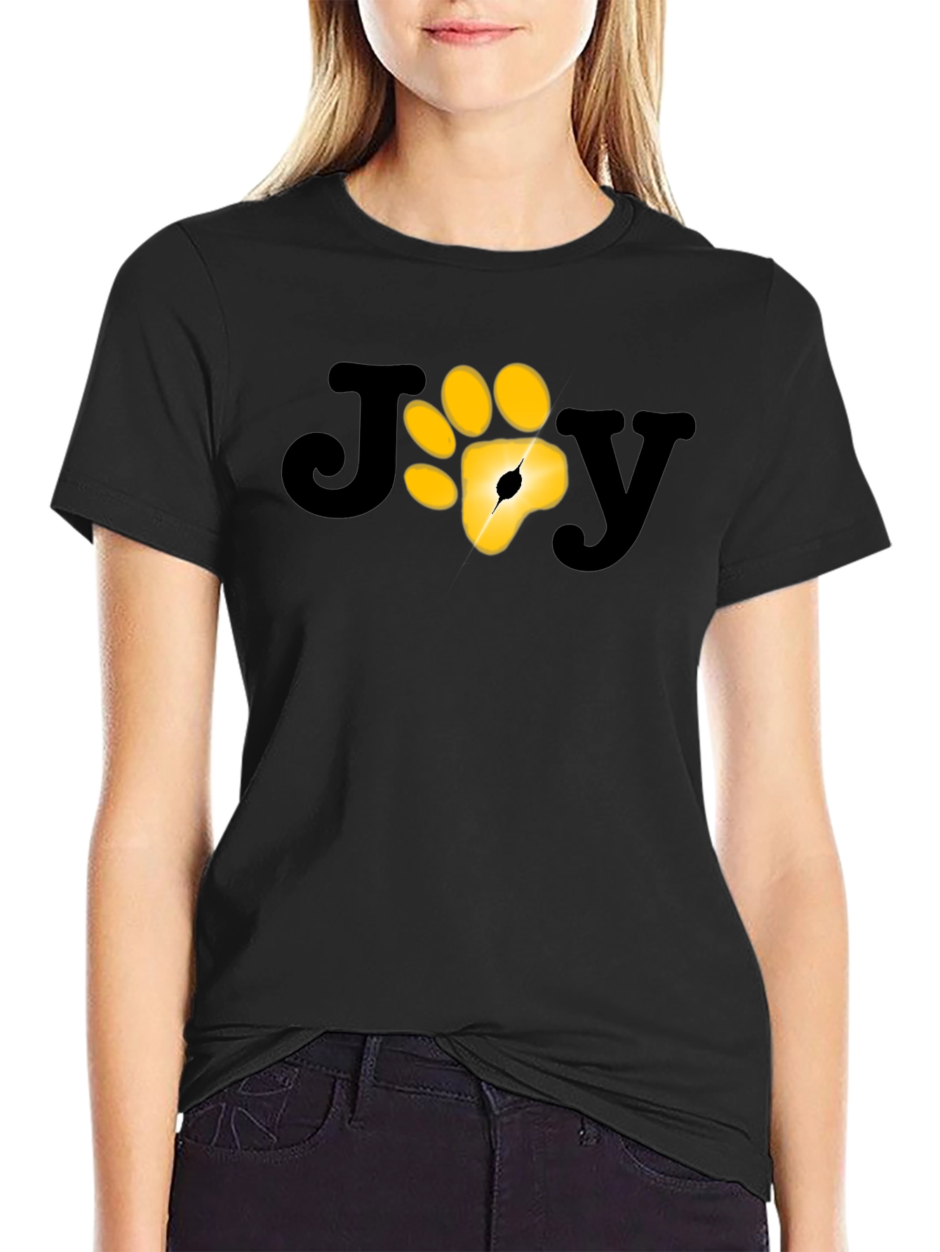 Camiseta Negra JOY con Huella de Pata Dorada