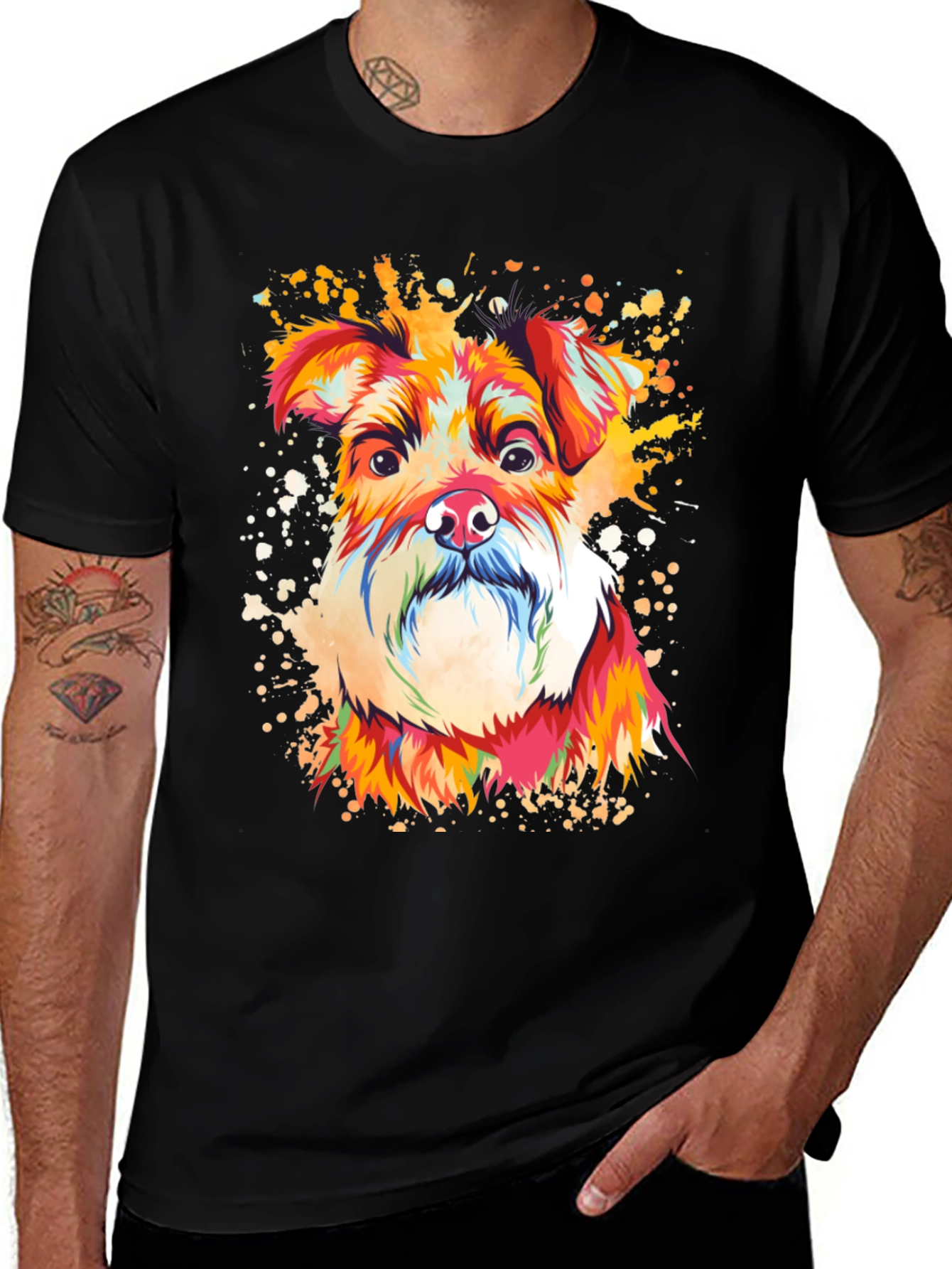 Camiseta Negra con Diseño de Perro Schnauzer Artístico