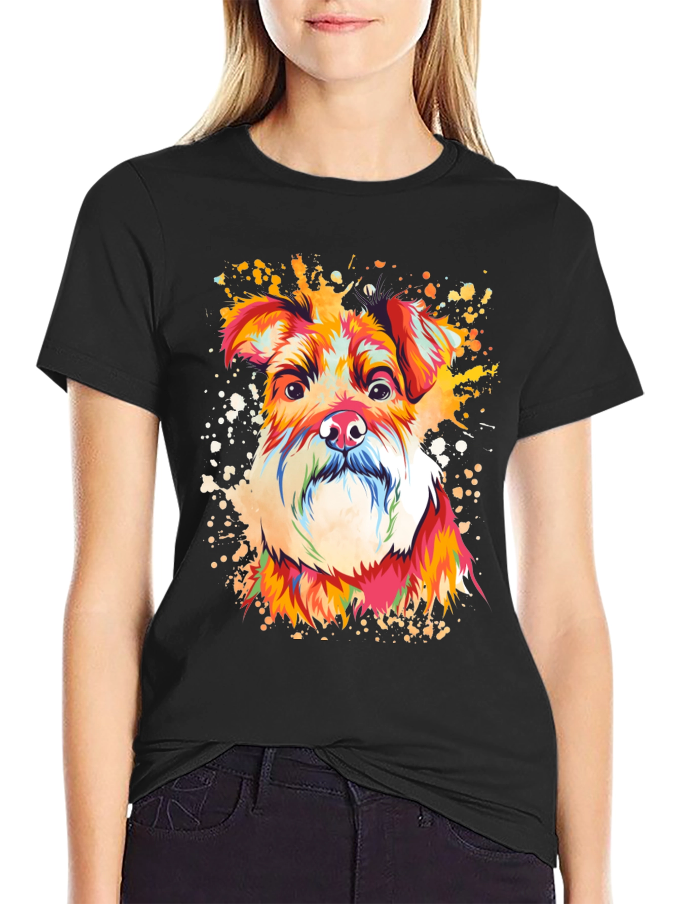 Camiseta Negra con Diseño de Perro Schnauzer Artístico