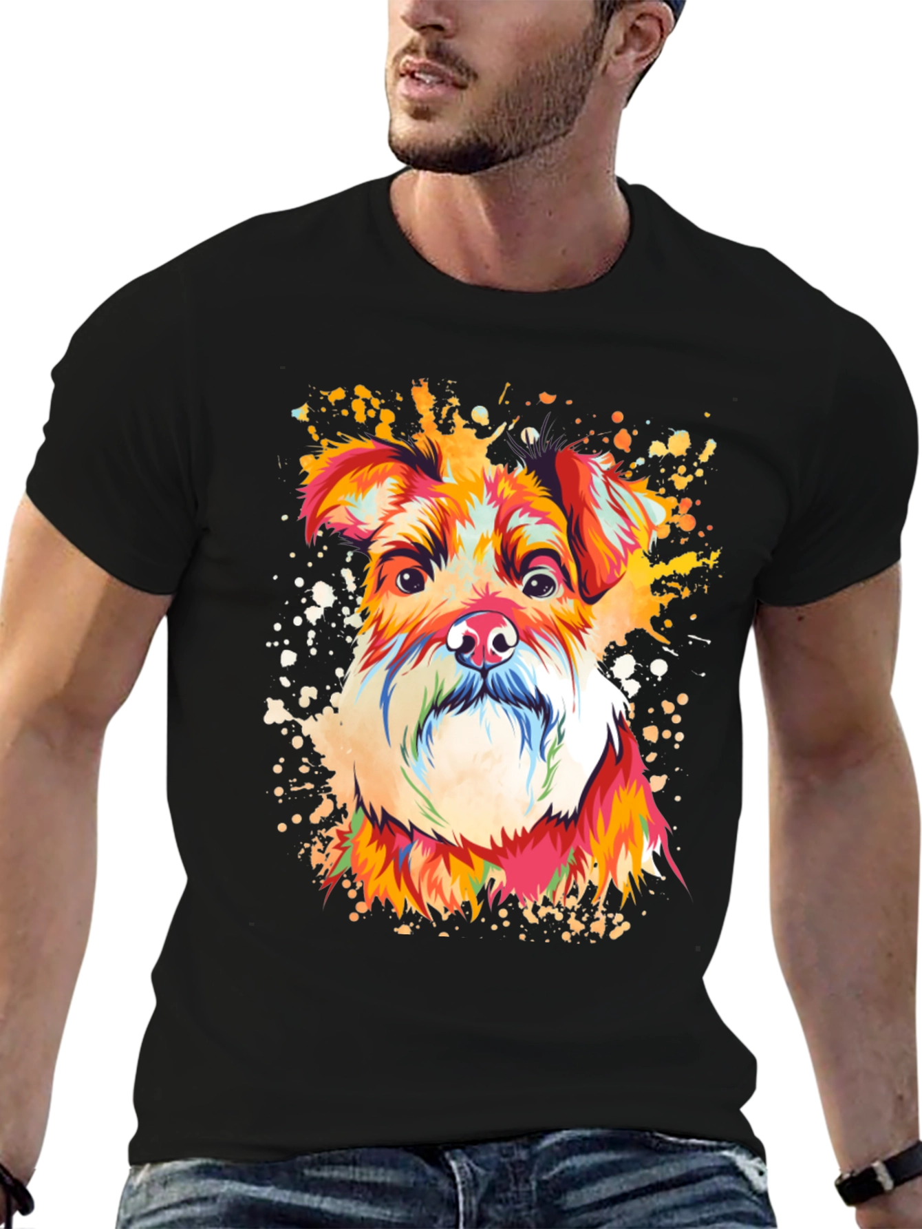 Camiseta Negra con Diseño de Perro Schnauzer Artístico