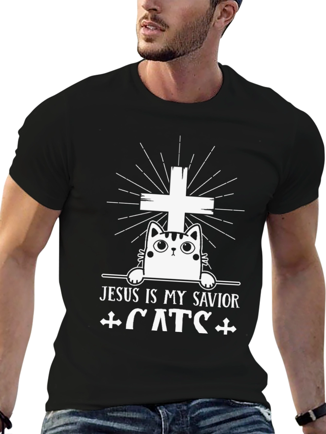 Camiseta Negra Jesús es mi Salvador Gatos