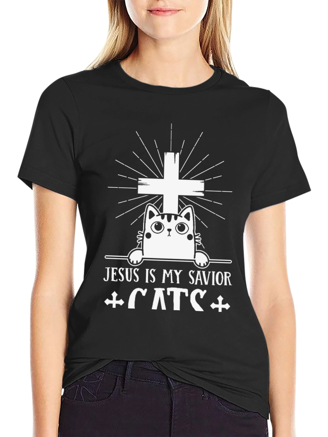 Camiseta Negra Jesús es mi Salvador Gatos