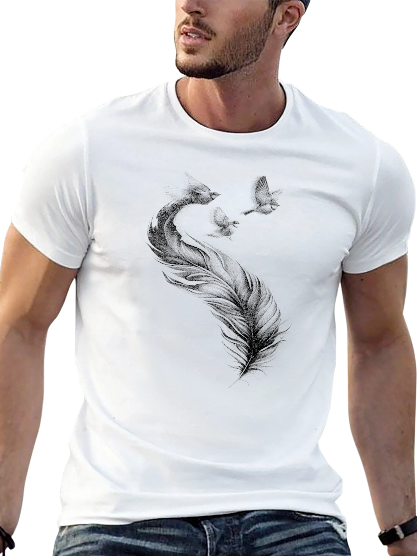 Camiseta Negra con Diseño de Pluma y Aves