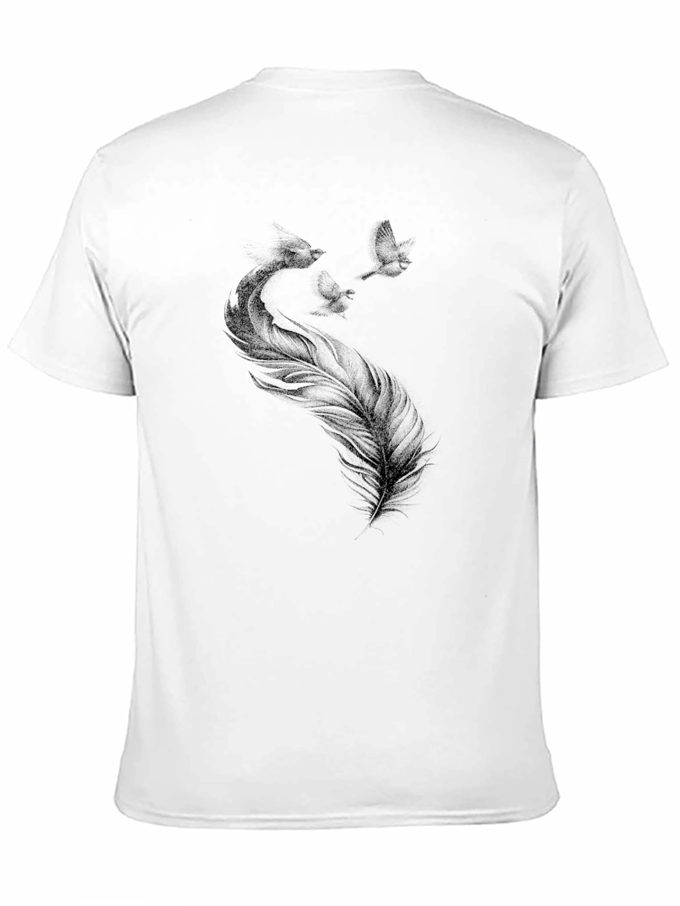 Camiseta Negra con Diseño de Pluma y Aves