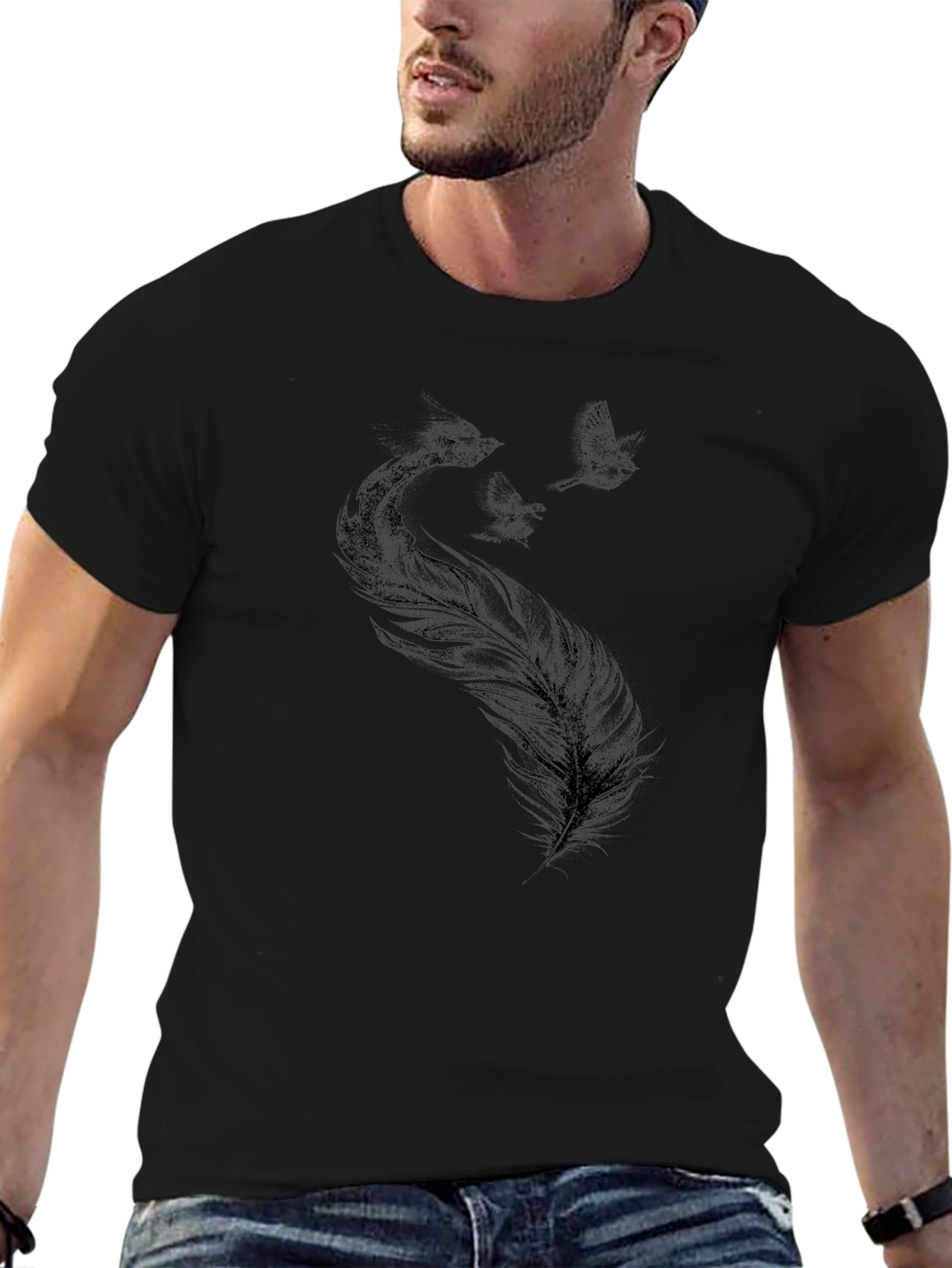 Camiseta Negra con Diseño de Pluma y Aves