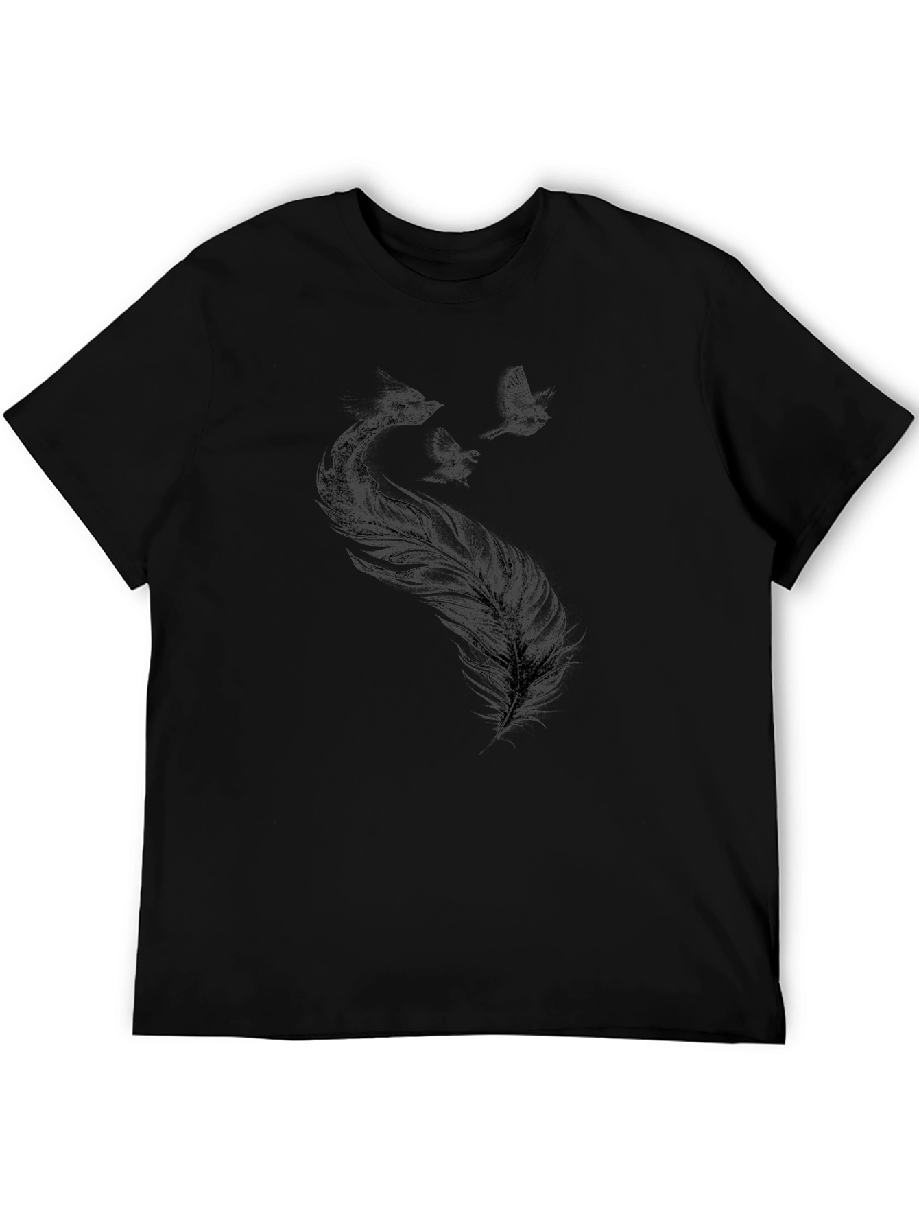 Camiseta Negra con Diseño de Pluma y Aves