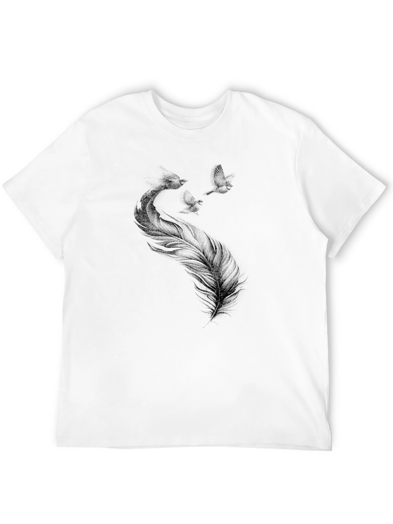 Camiseta Negra con Diseño de Pluma y Aves