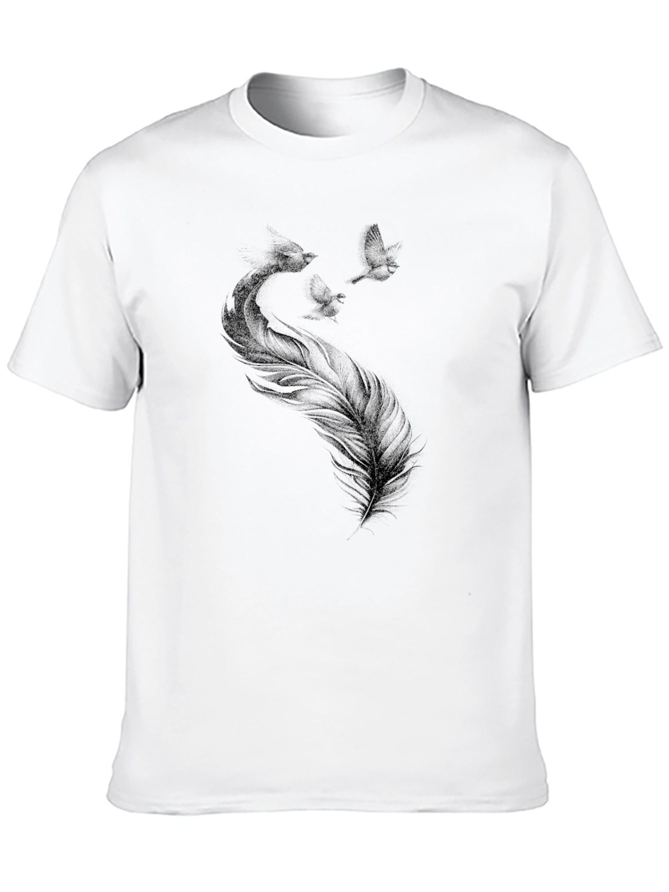 Camiseta Negra con Diseño de Pluma y Aves