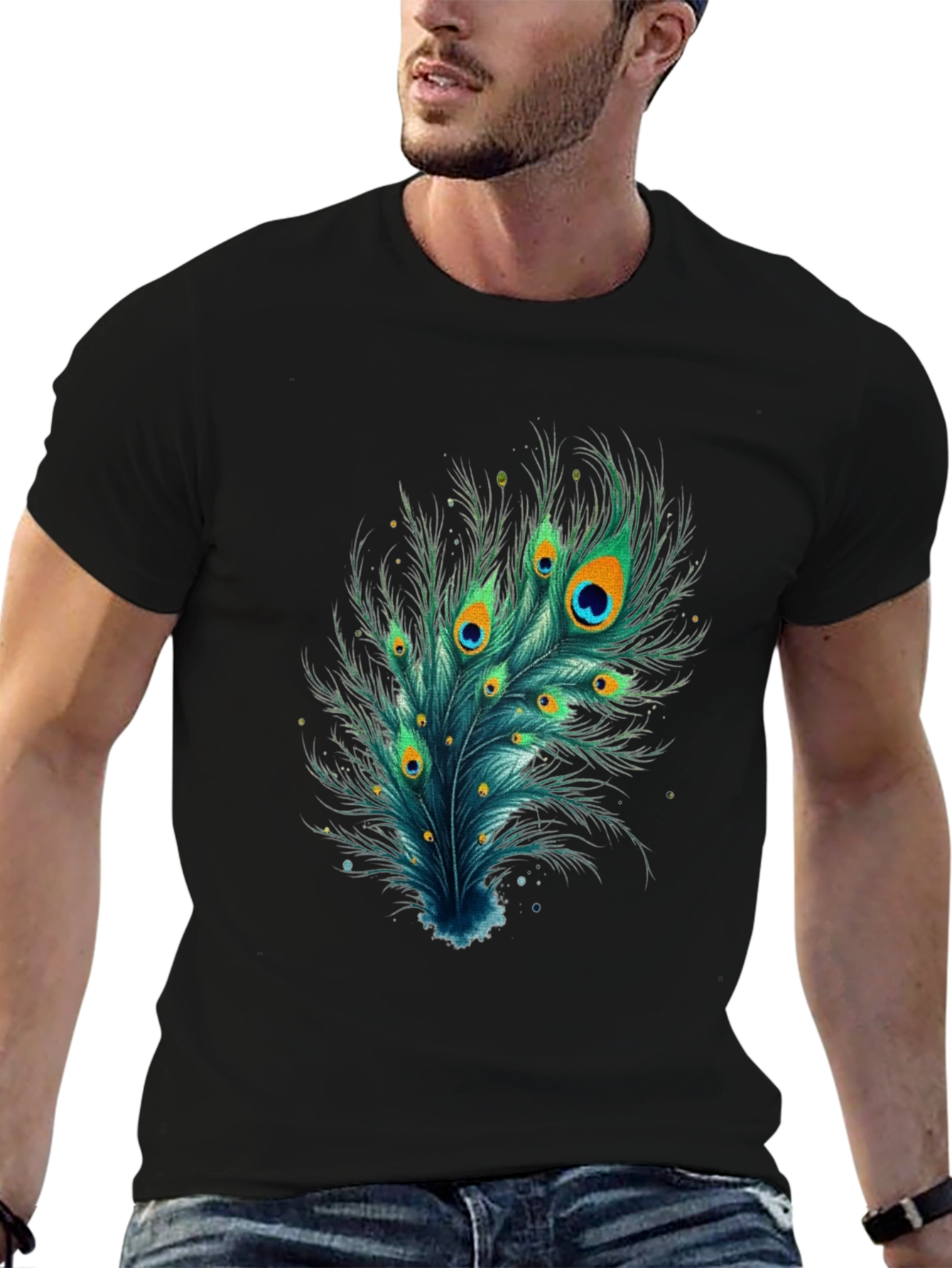 Camiseta Negra con Diseño de Pluma de Pavo Real