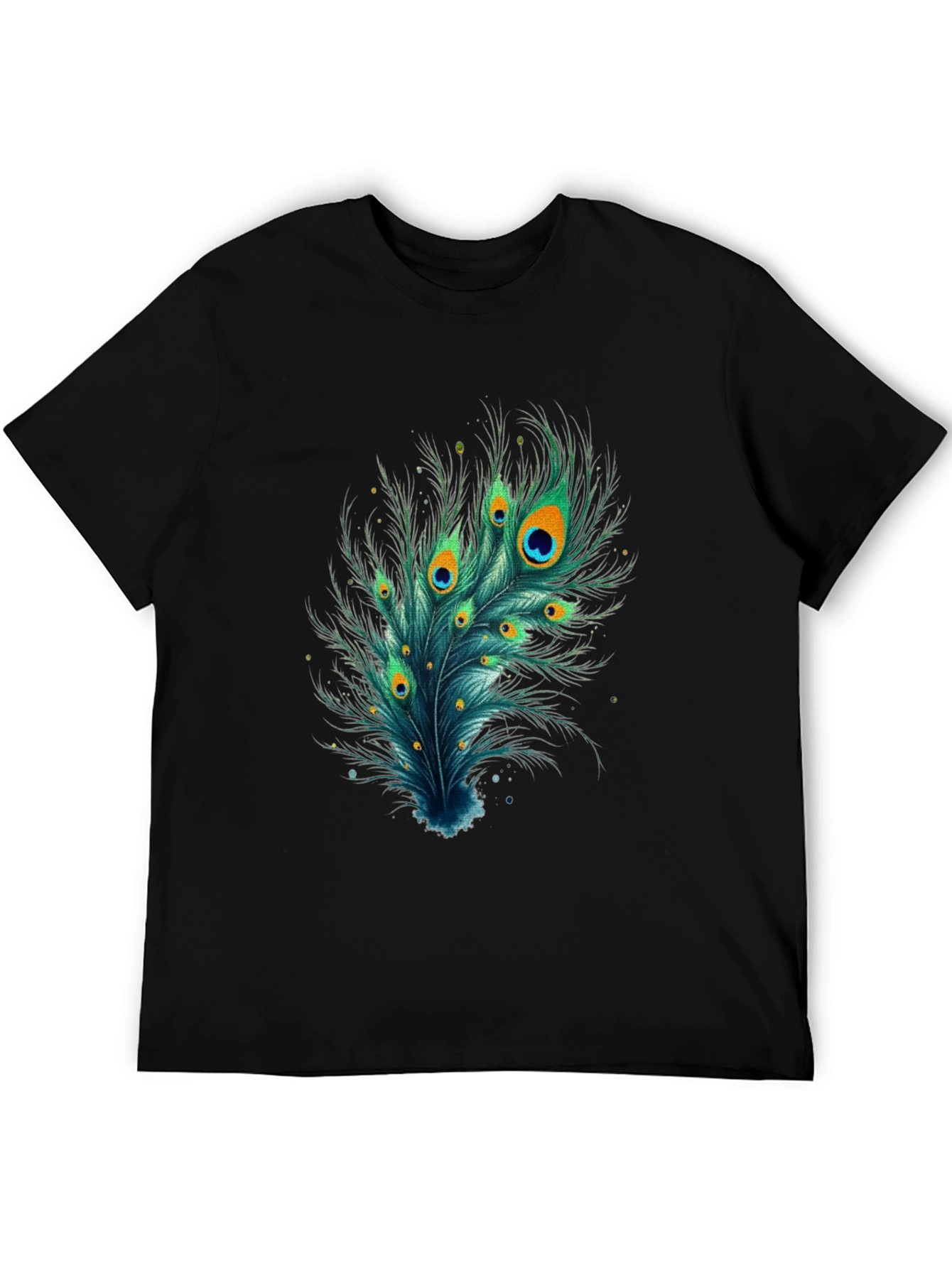 Camiseta Negra con Diseño de Pluma de Pavo Real
