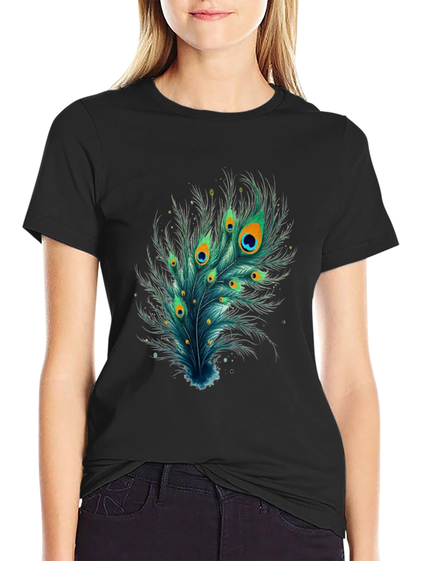 Camiseta Negra con Diseño de Pluma de Pavo Real