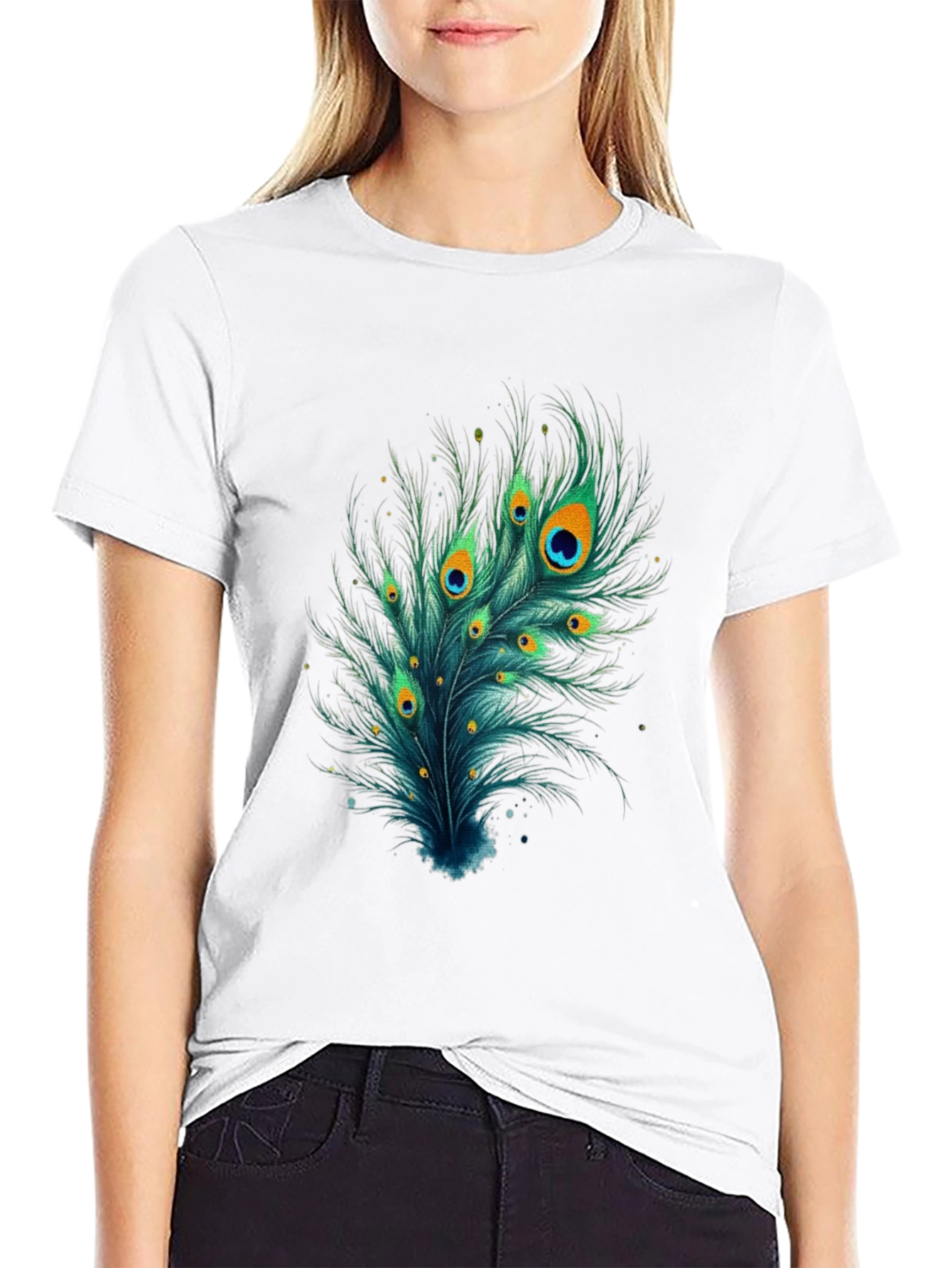 Camiseta Negra con Diseño de Pluma de Pavo Real