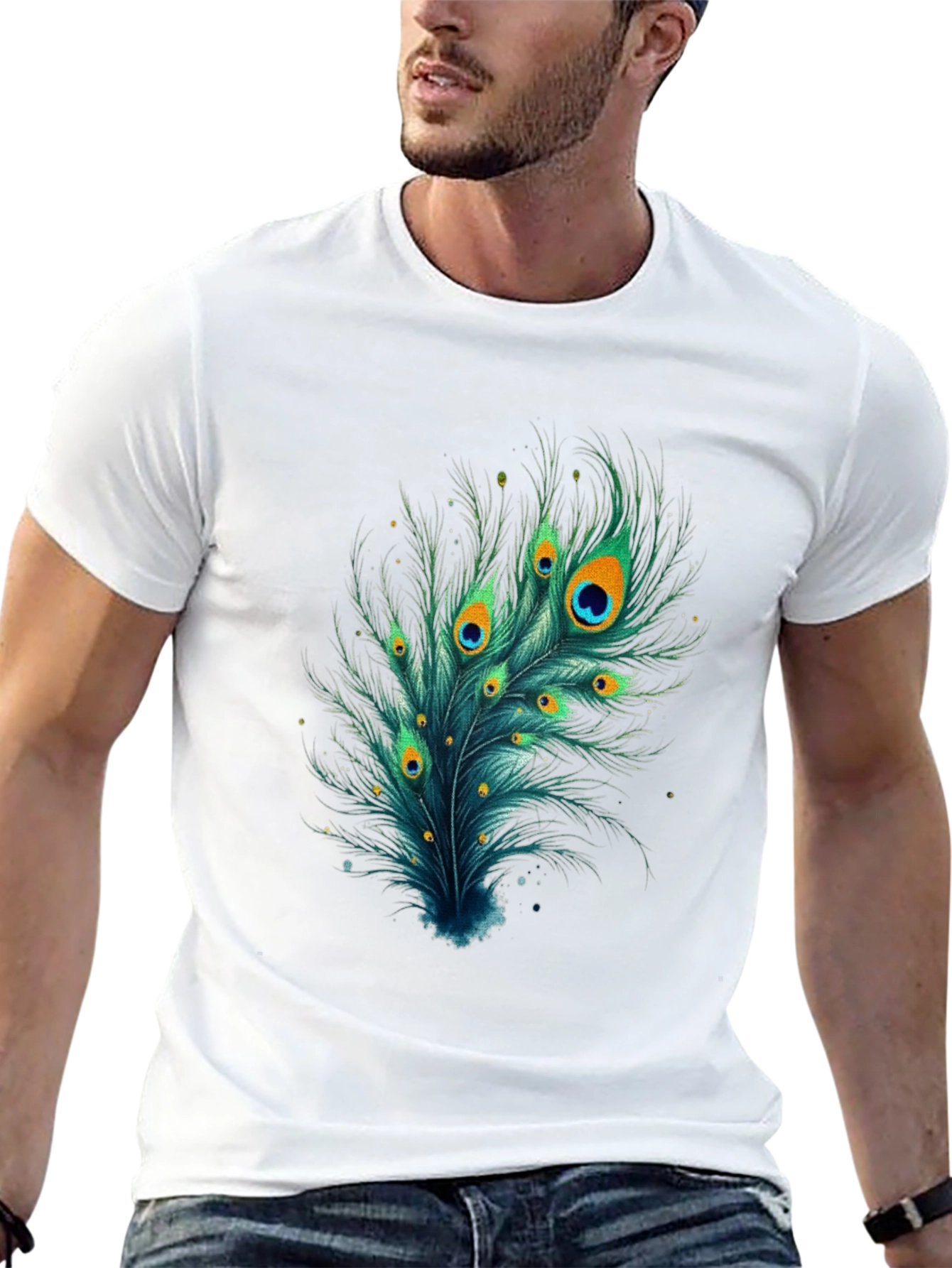 Camiseta Negra con Diseño de Pluma de Pavo Real