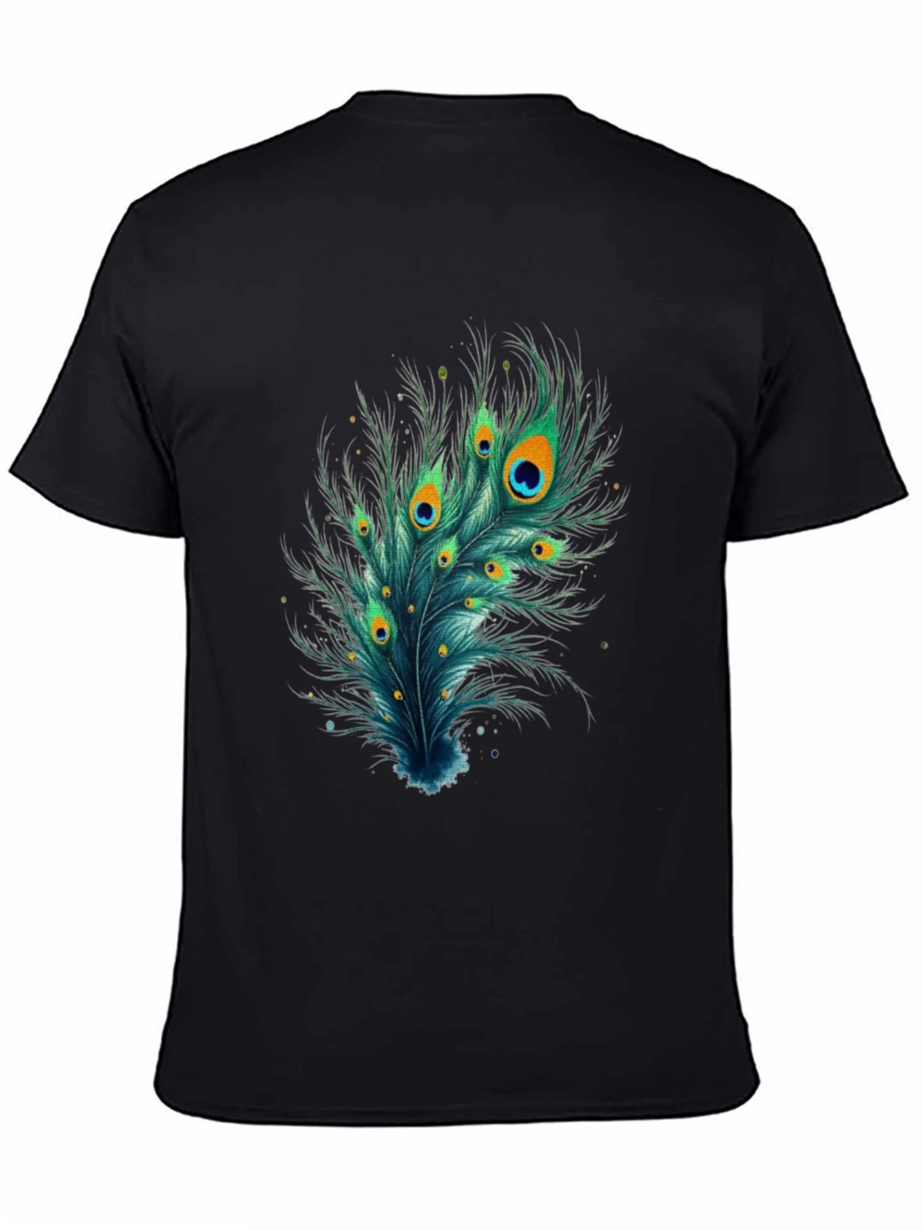 Camiseta Negra con Diseño de Pluma de Pavo Real