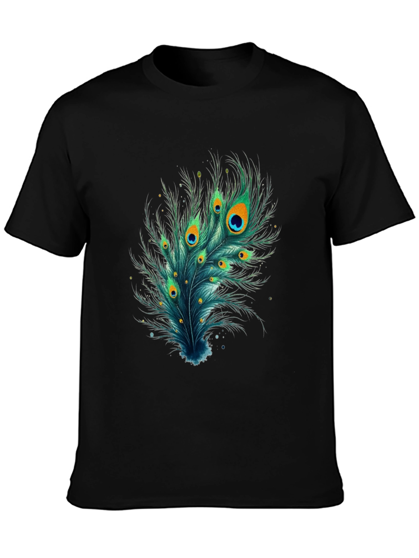 Camiseta Negra con Diseño de Pluma de Pavo Real