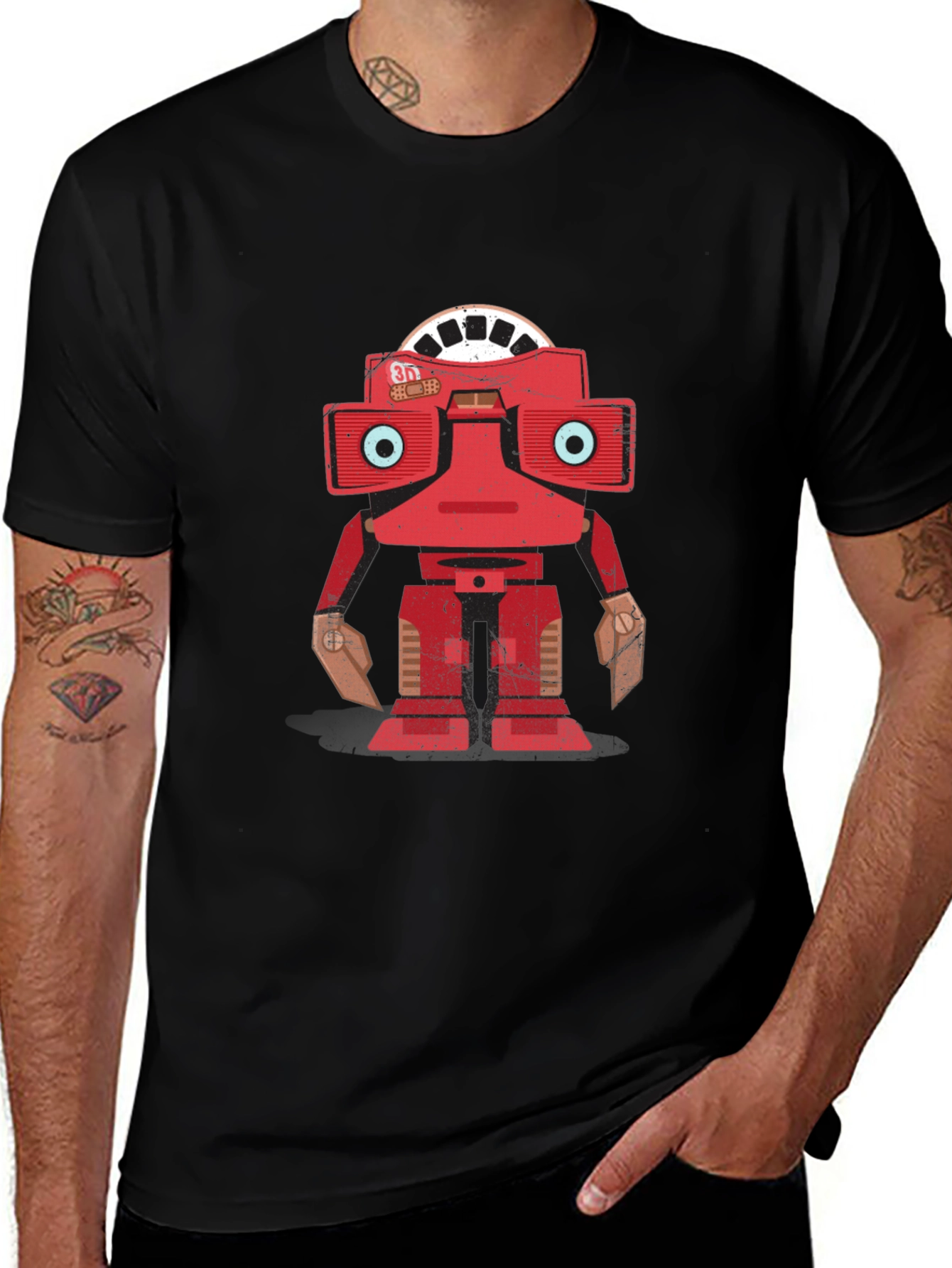 Camiseta Negra con Diseño de Robot Retro
