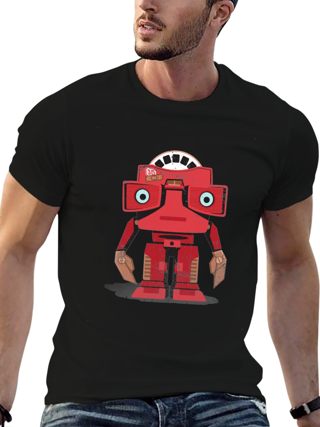 Camiseta Negra con Diseño de Robot Retro
